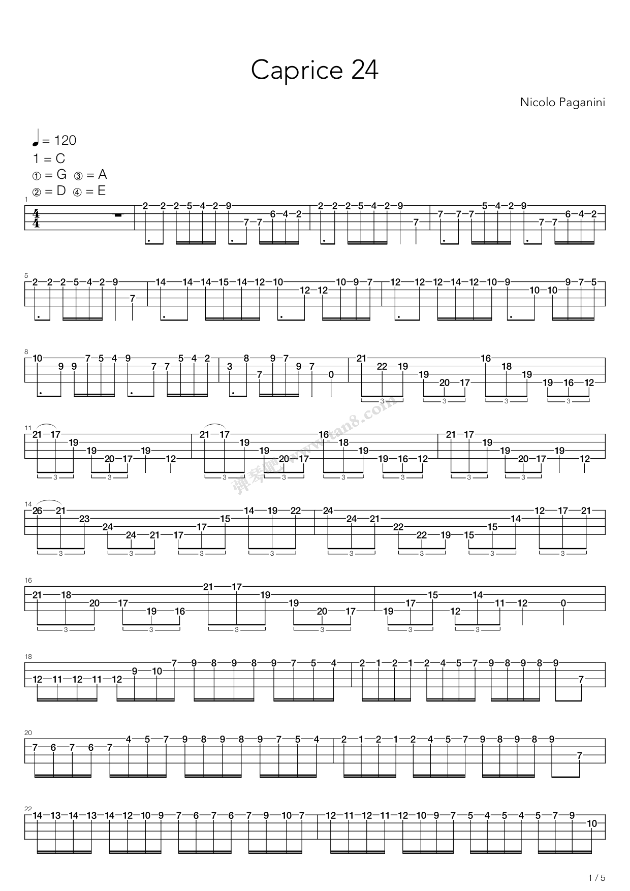 《二十四首随想曲 no 24》,帕格尼尼(六线谱 吉他谱吉他谱 第1页