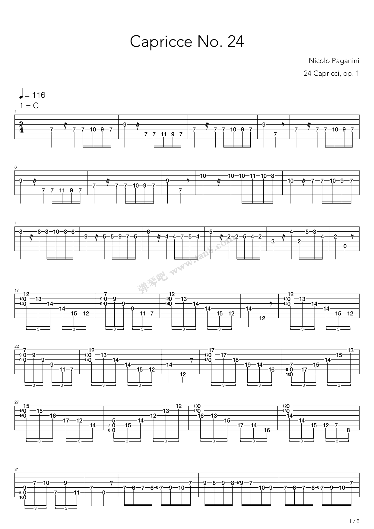 《二十四首随想曲 no 24》,帕格尼尼(六线谱 吉他谱吉他谱 第1页
