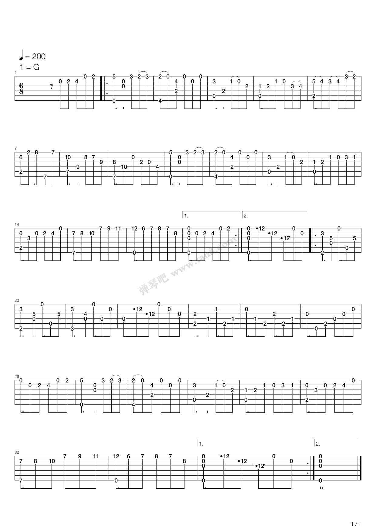 《华尔兹》,fernando sor(六线谱 吉他谱吉他谱 第1页