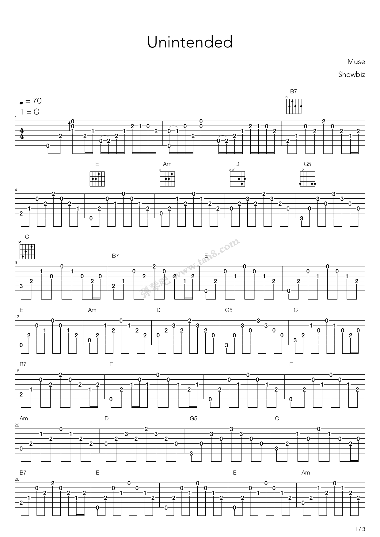 《unintended》,muse(六线谱 吉他谱吉他谱 第1页