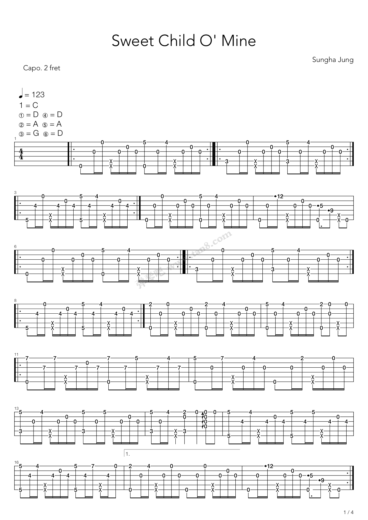 Roses - Sweet Child O' Mine sheet music for guitar (tablature) v2