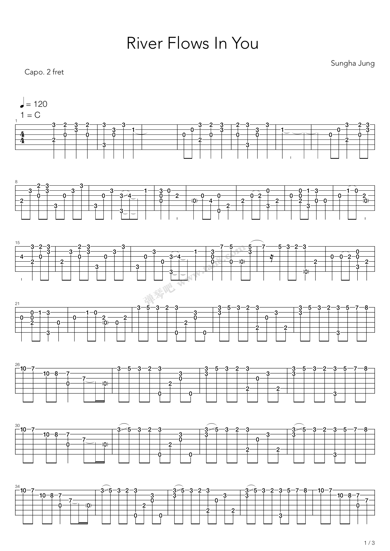 《river flows in you》,郑成河(六线谱 吉他谱吉他谱 第1页