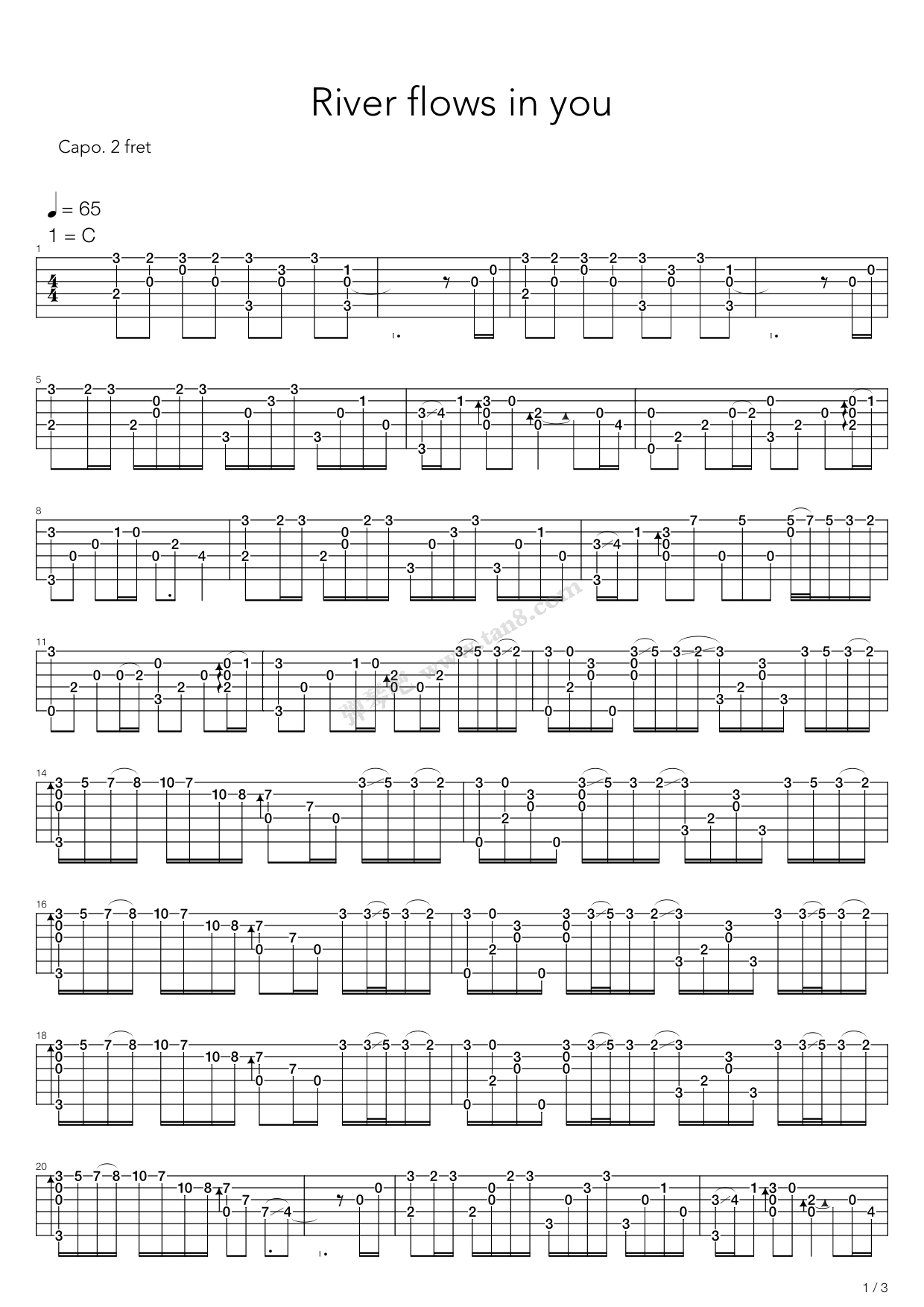 《river flows in you》,郑成河(六线谱 吉他谱吉他谱 第1页