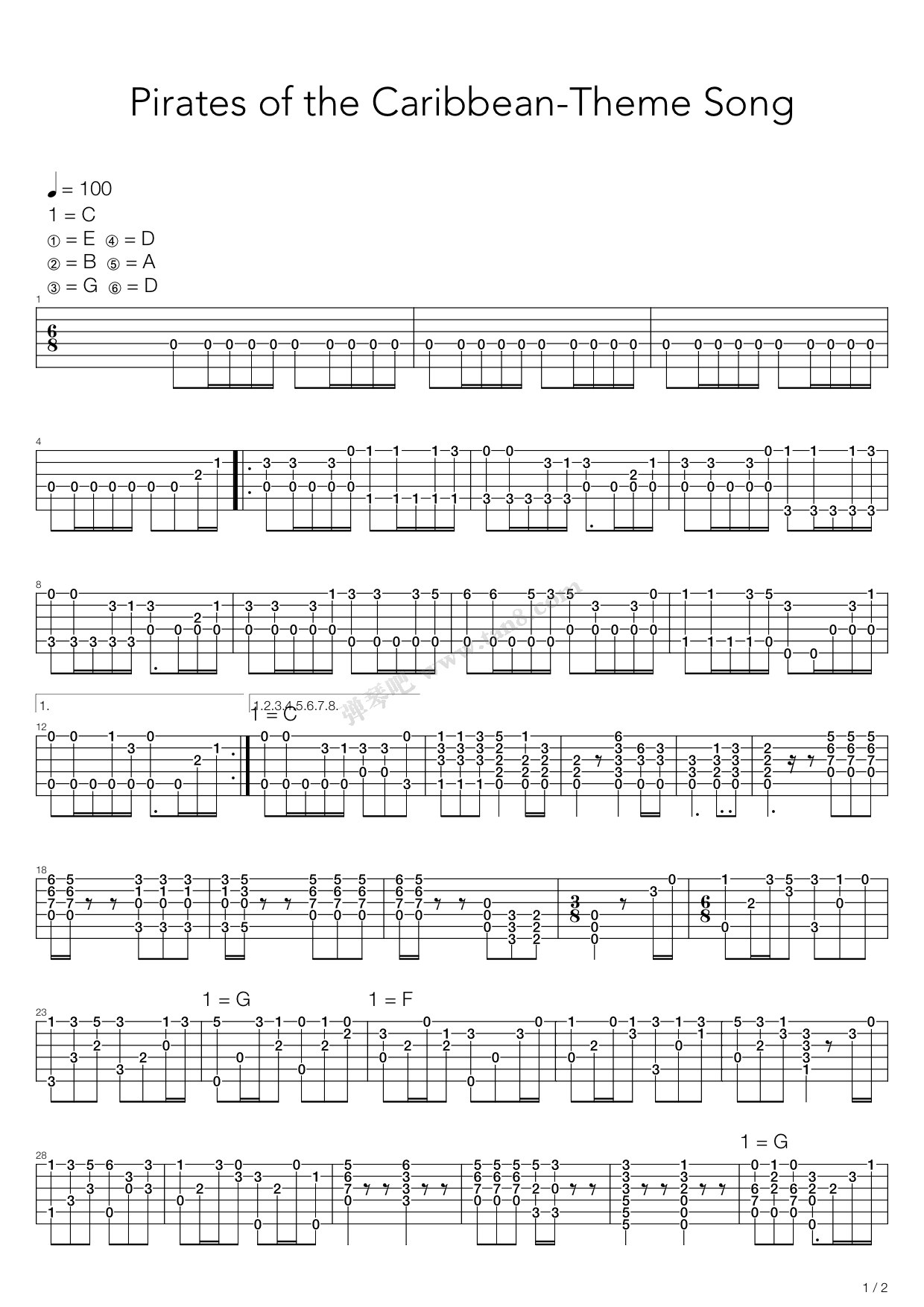 《加勒比海盗 - hes a pirate》,郑成河(六线谱 吉他谱吉他谱 第1页