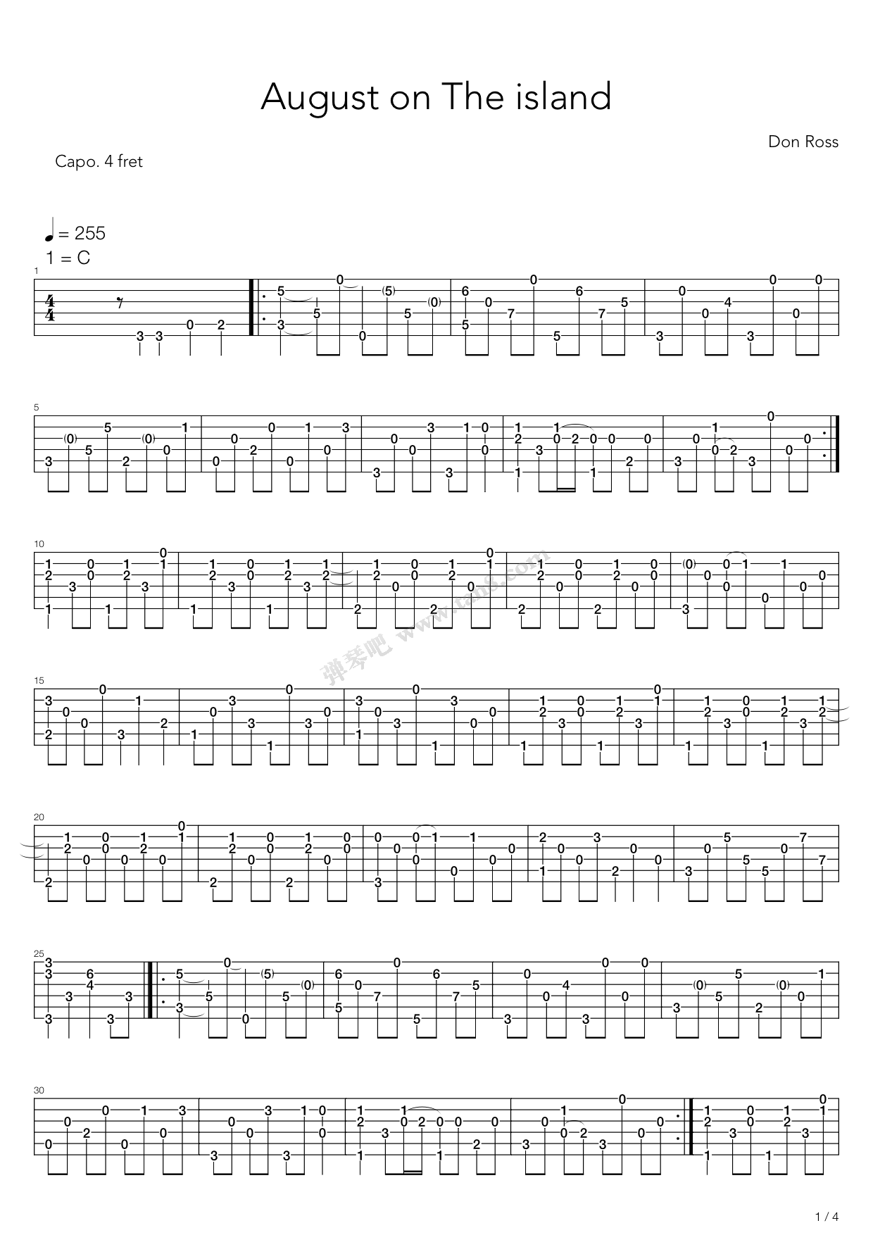 《august on the island》,don ross(六线谱 吉他谱吉他谱 第1页