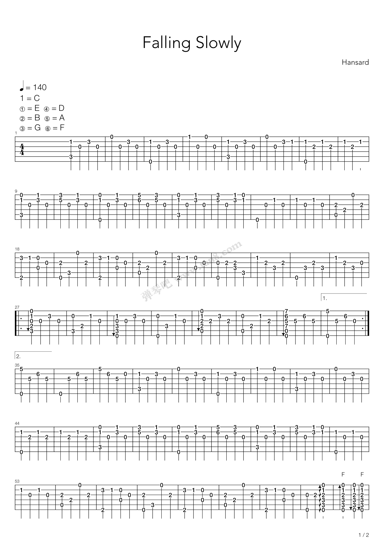 《falling slowly(指弹版,郑成河)》,郑成河(六线谱 吉他谱吉他谱 第1