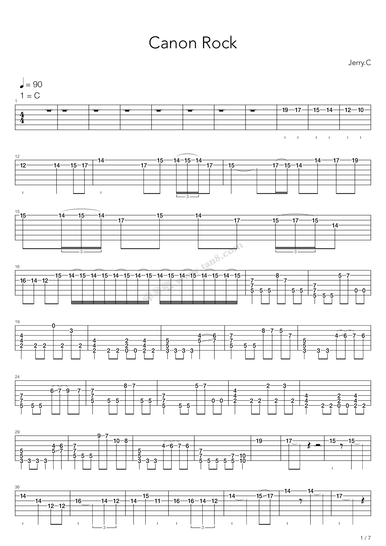 《卡农 摇滚版(canon rock)》,jerryc(六线谱 吉他谱吉他谱 第1页