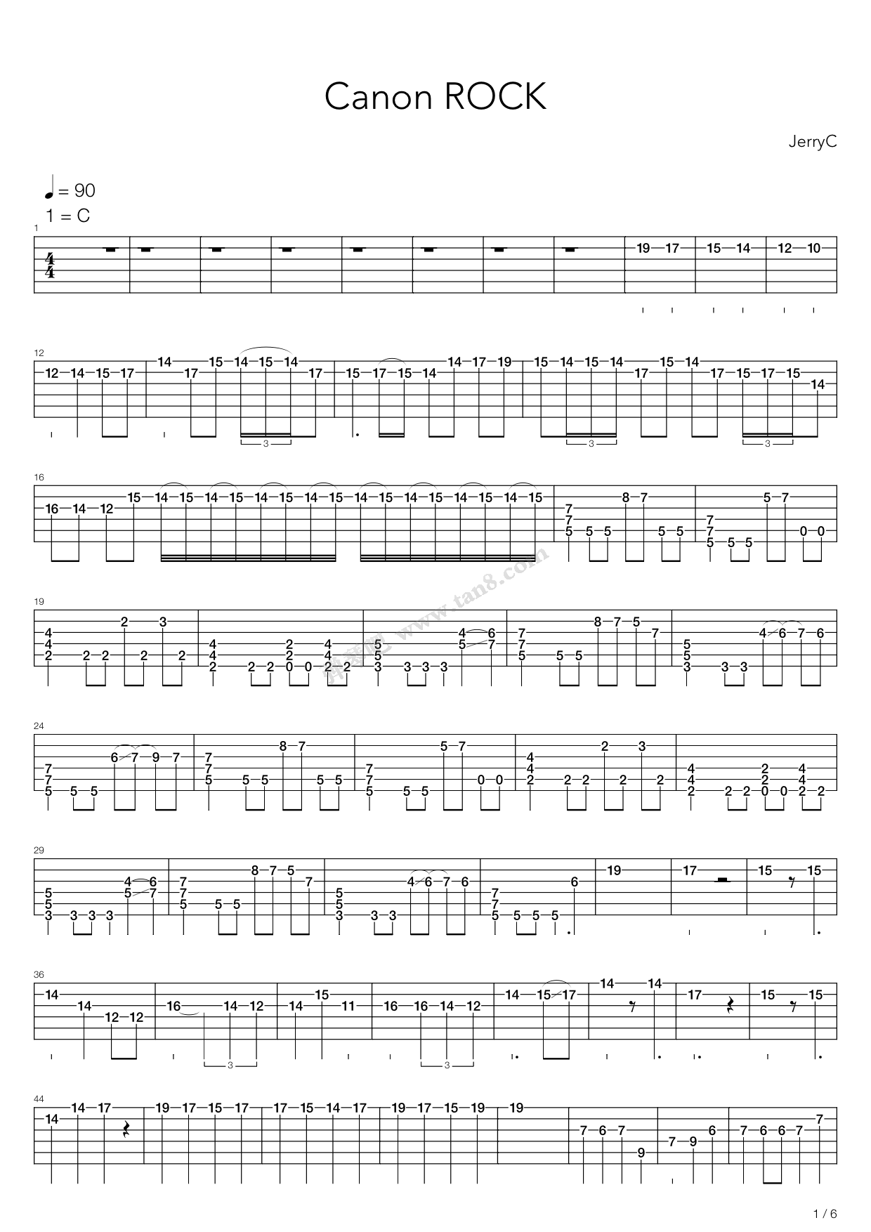 《卡农 摇滚版(canon rock)》,jerryc(六线谱 吉他谱吉他谱 第1页