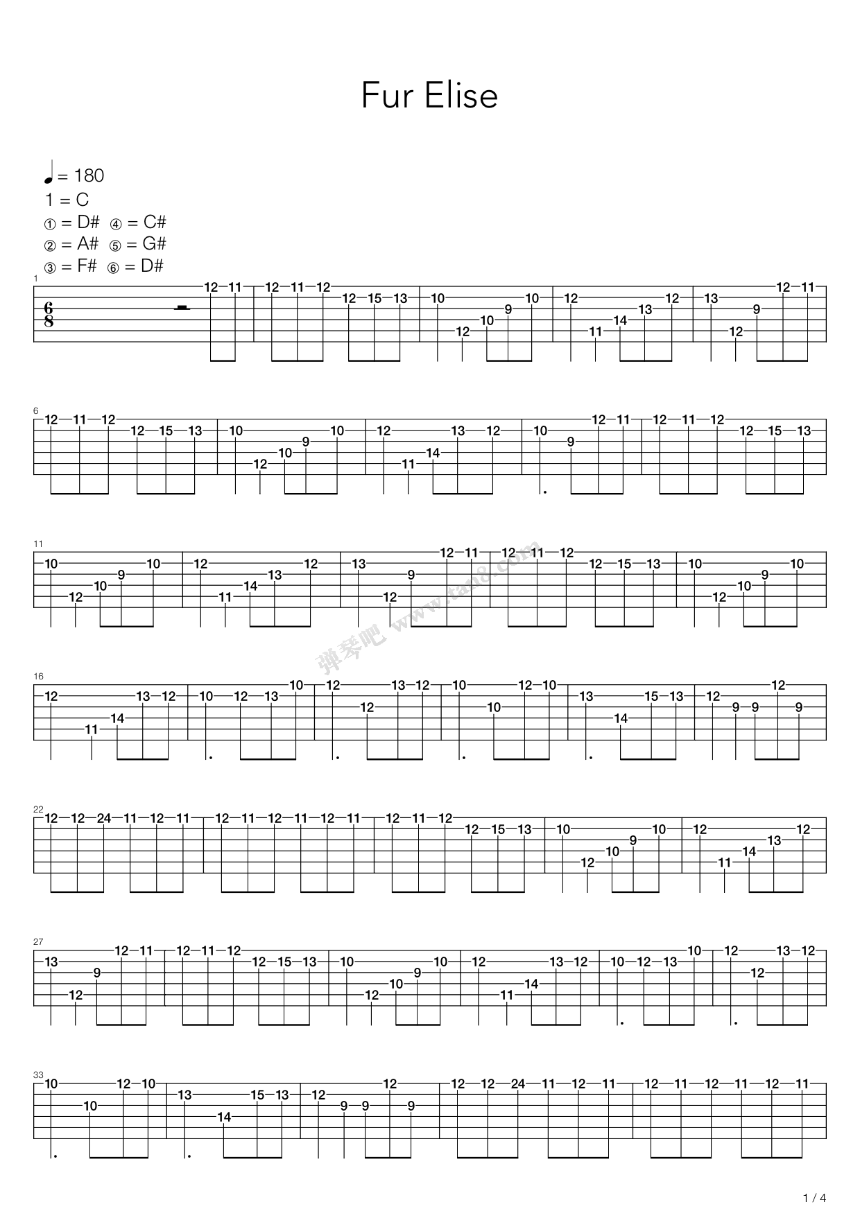 《致爱丽丝(献给爱丽丝)》,ludwig van beethoven(六线谱 吉他谱吉他