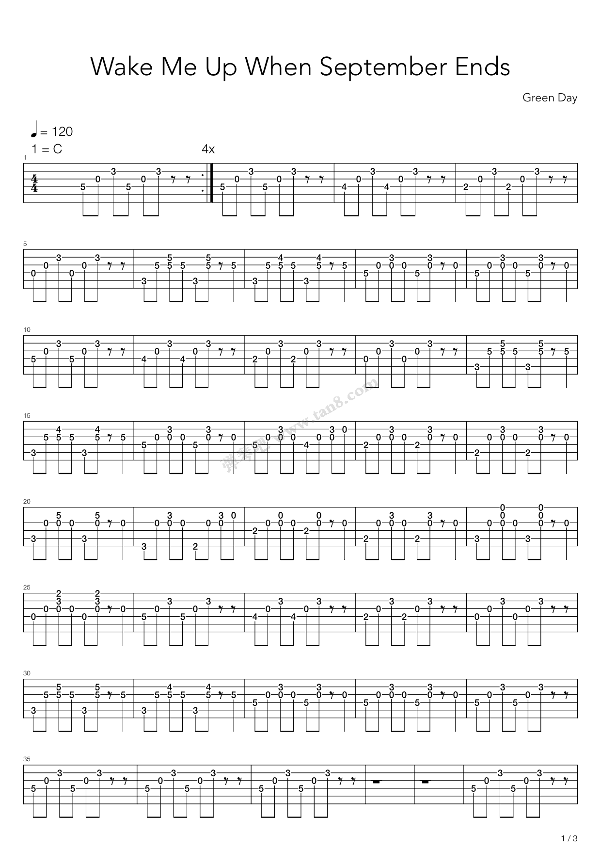 《wake me up when september ends》,green day(六线谱 吉他谱吉他谱