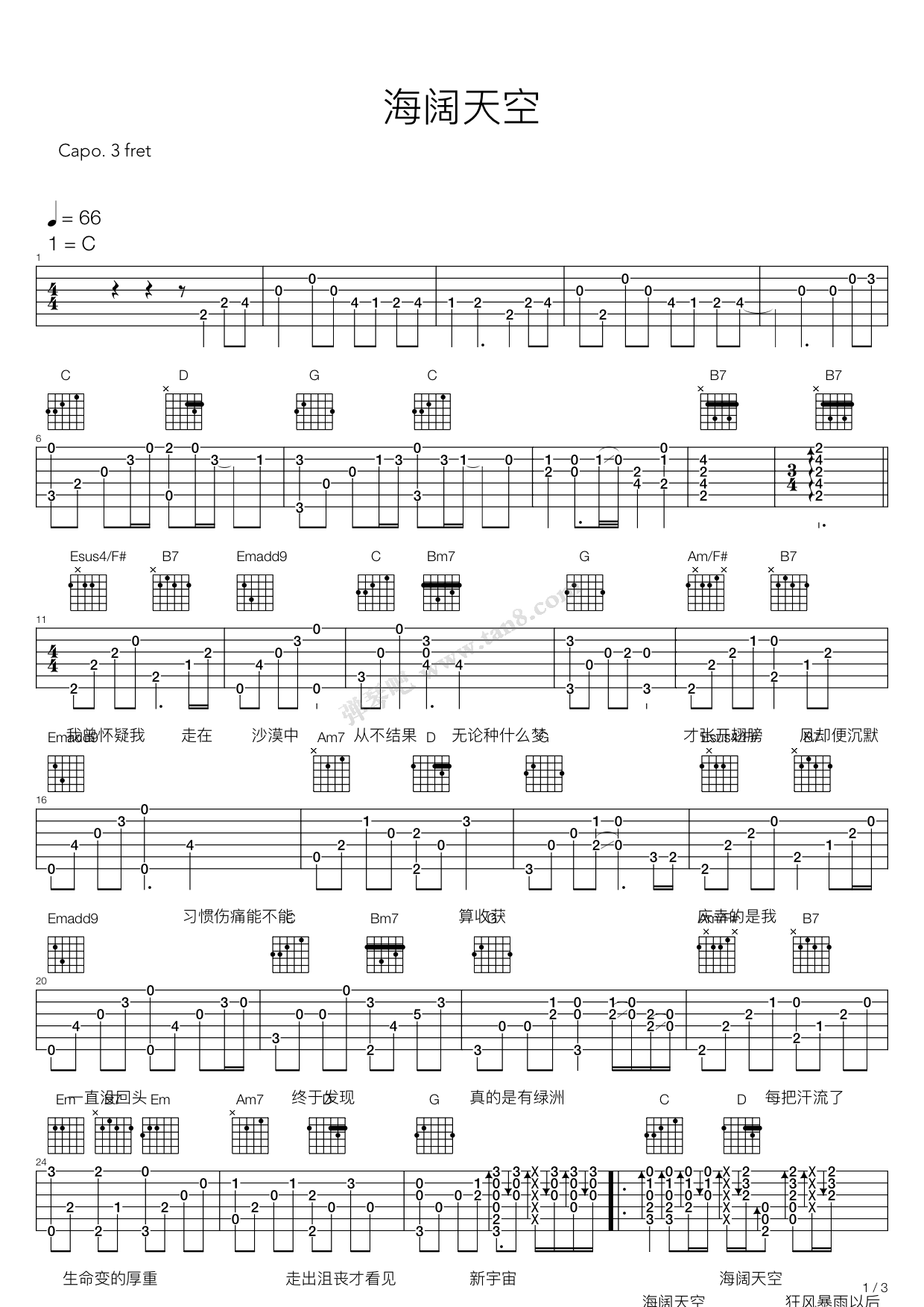 《海阔天空》,beyond(六线谱 吉他谱吉他谱 第1页