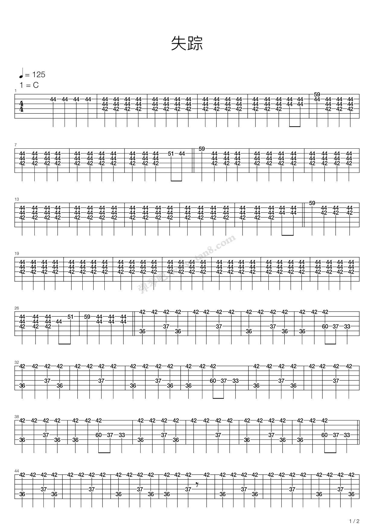 《失踪》独奏谱图谱 - 吉他谱 选用C调指法编配 - 中级谱子 - 六线谱(独奏/指弹谱) - 易谱库