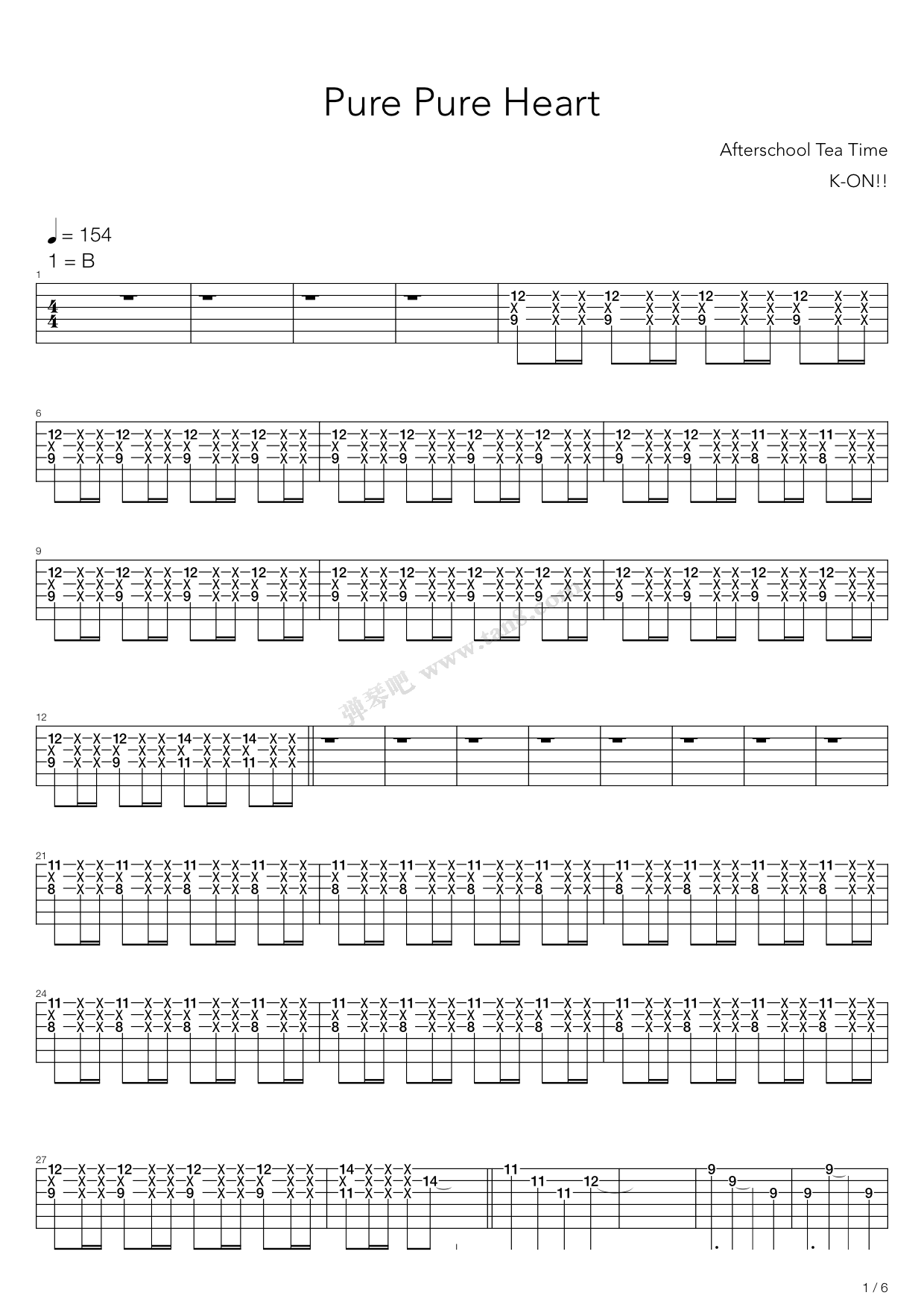 纯洁的心 pure pure heart》,轻音少女(六线谱 吉他谱吉他谱 第1页