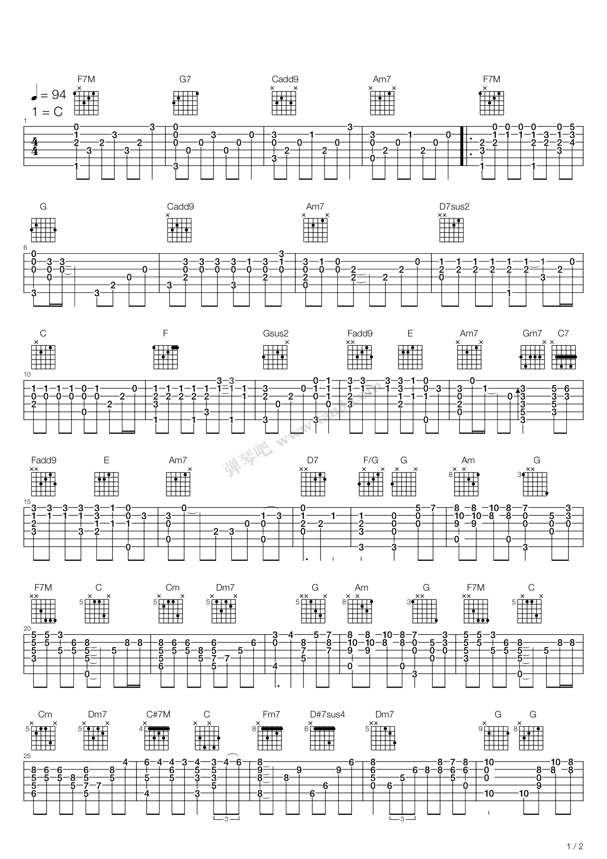 《千与千寻 (生命之名)》,动漫游戏(六线谱 吉他谱吉他谱 第1页