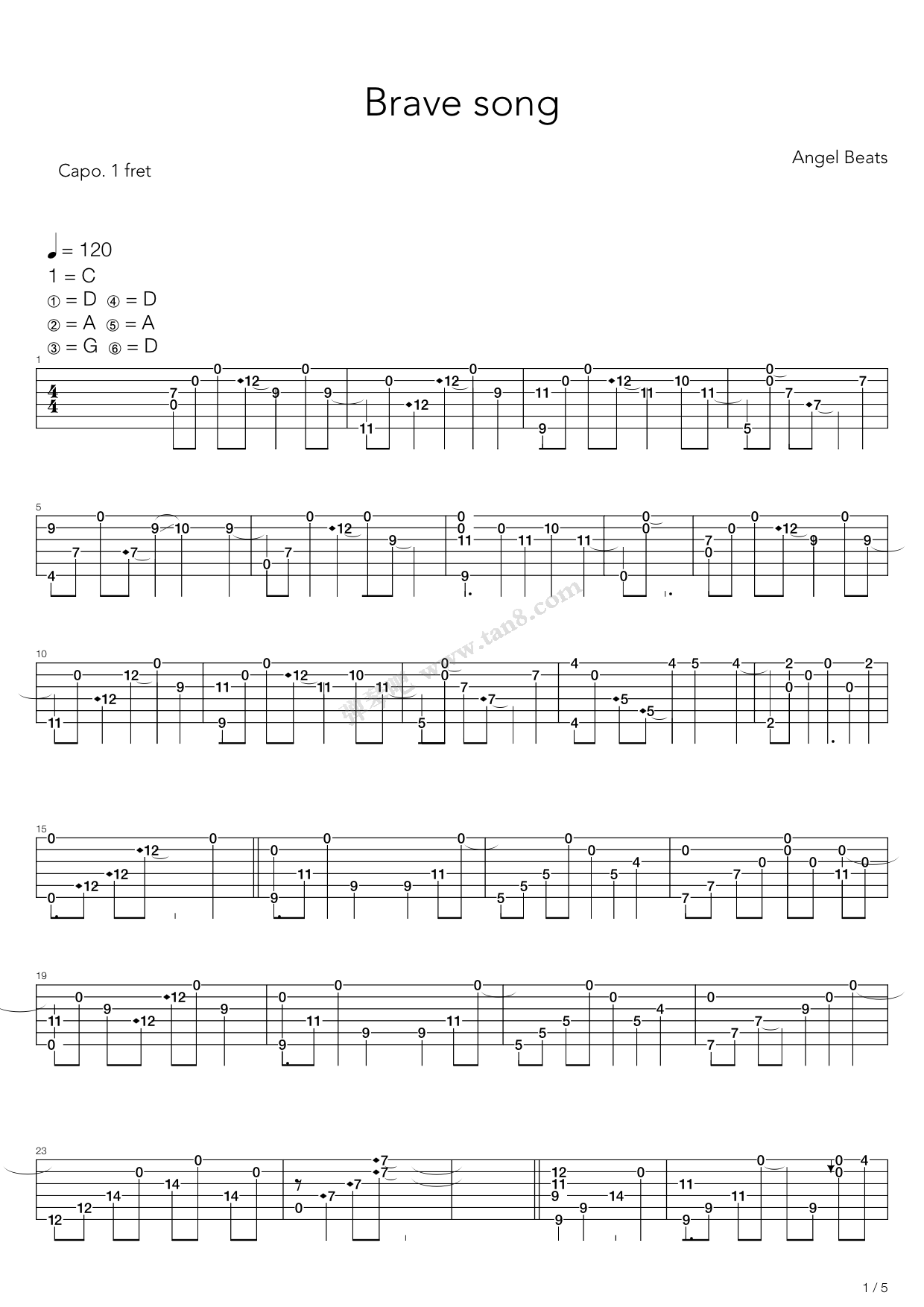 《angel beats - brave song》,动漫游戏(六线谱 吉他谱吉他谱 第1页