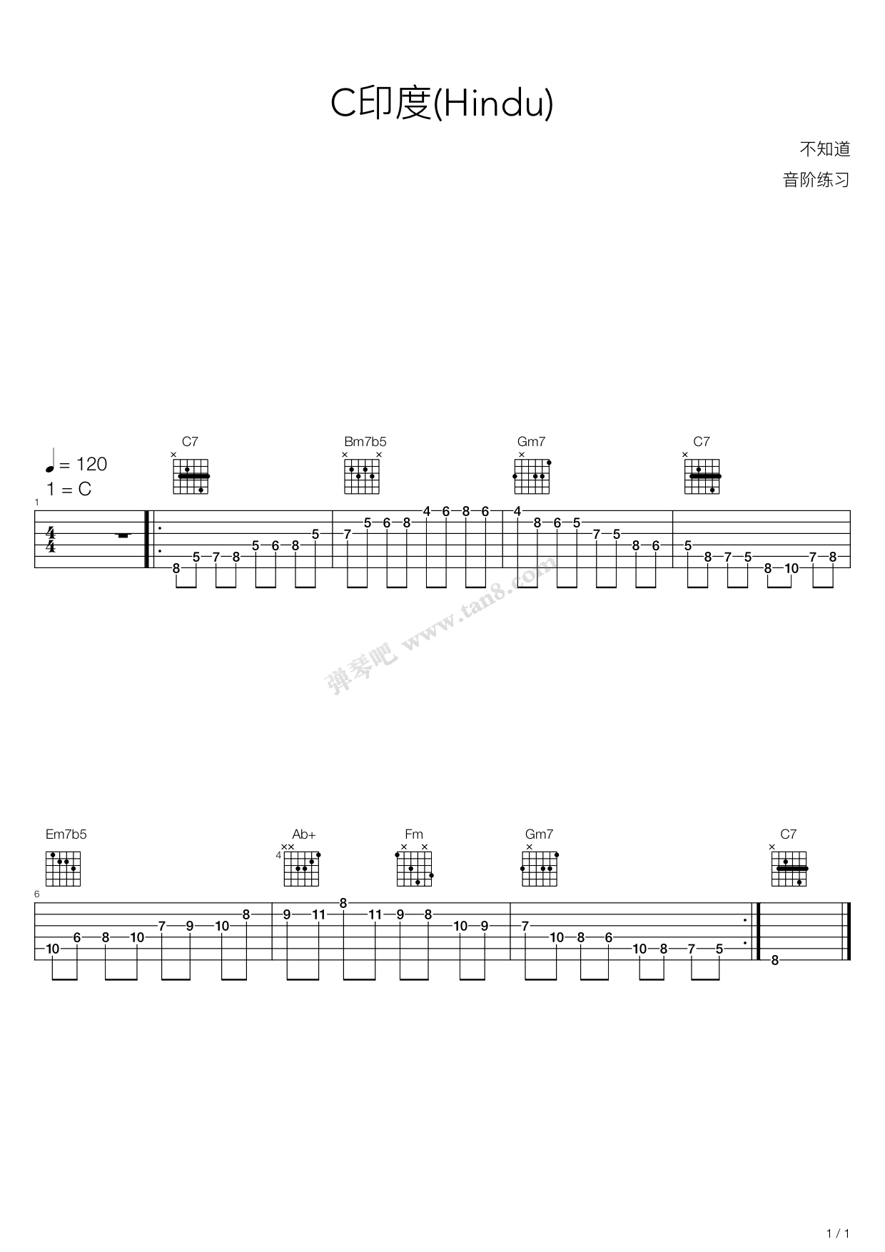 >> 儿歌 >> 练习曲 >>木吉他华彩音阶练习 - c印度(hindu)