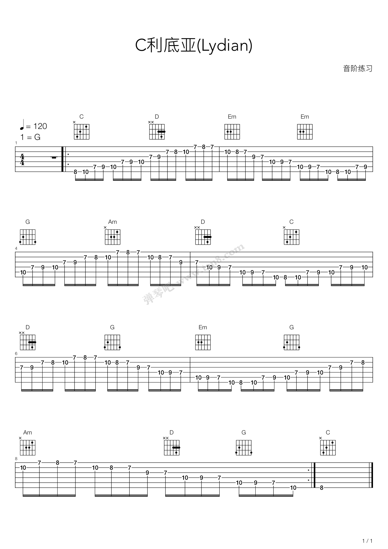 木吉他华彩音阶练习c利底亚lydian