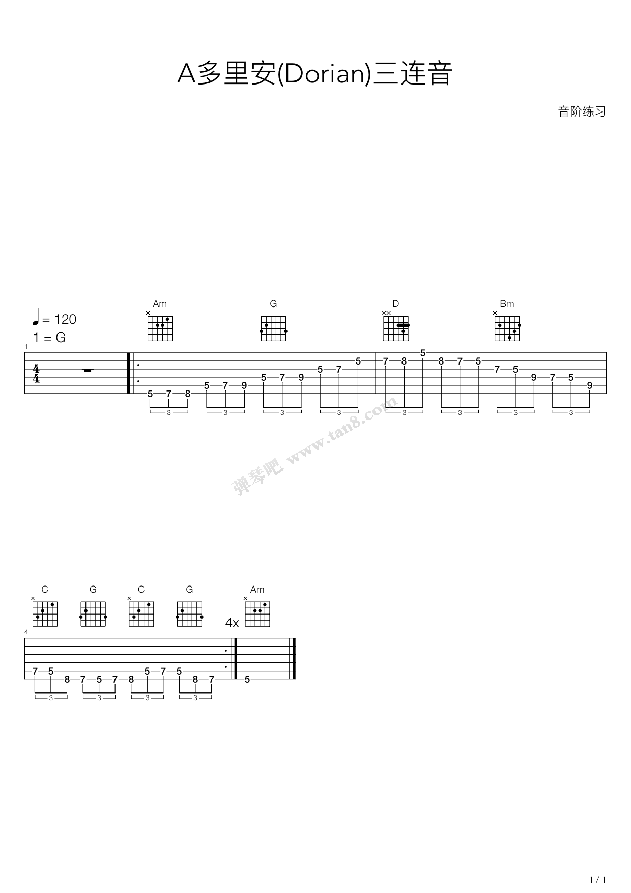 木吉他华彩音阶练习a多里安dorian三连音