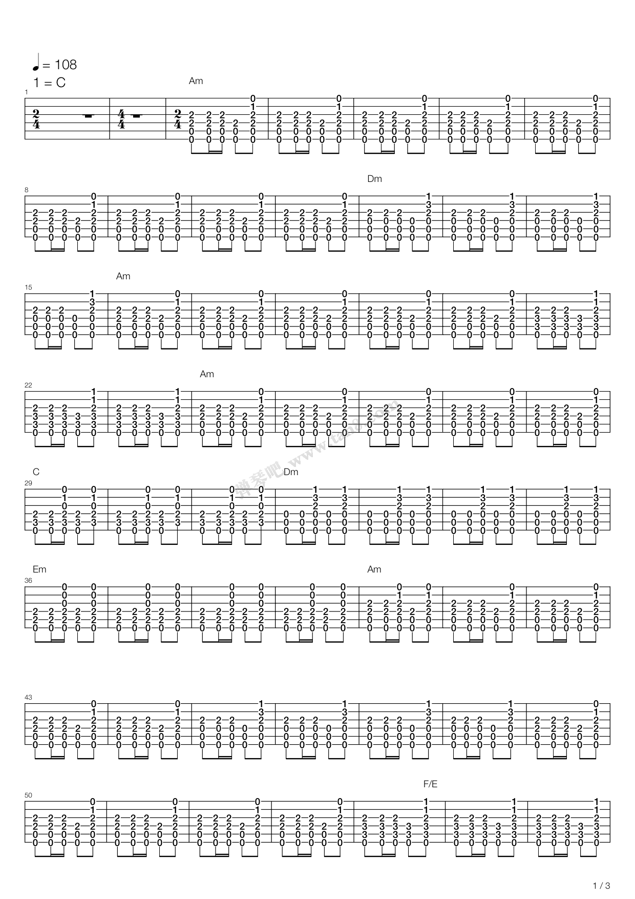 《追捕 - 主题曲 杜丘之歌》,原声带(六线谱 吉他谱吉他谱 第1页