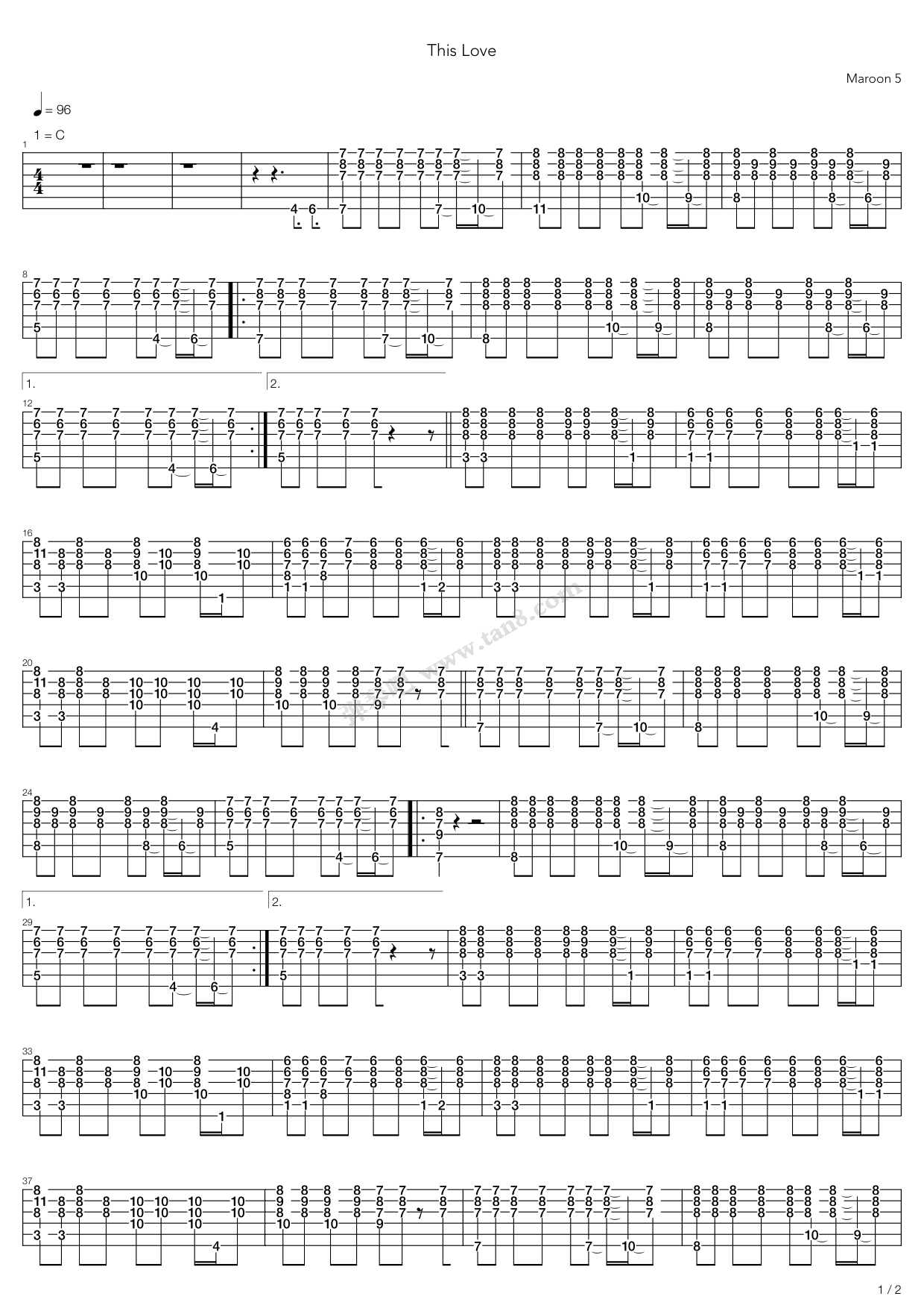 《this love》,maroon 5(六线谱 吉他谱吉他谱 第1页