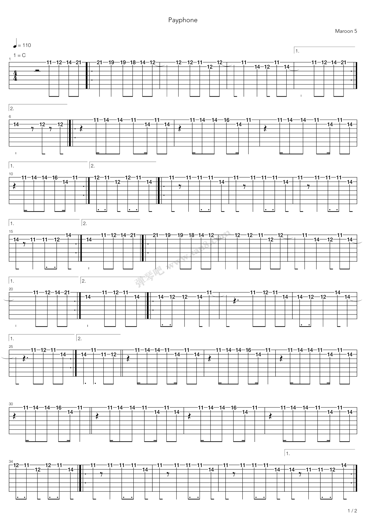 《payphone》,maroon 5(六线谱 吉他谱吉他谱 第1页