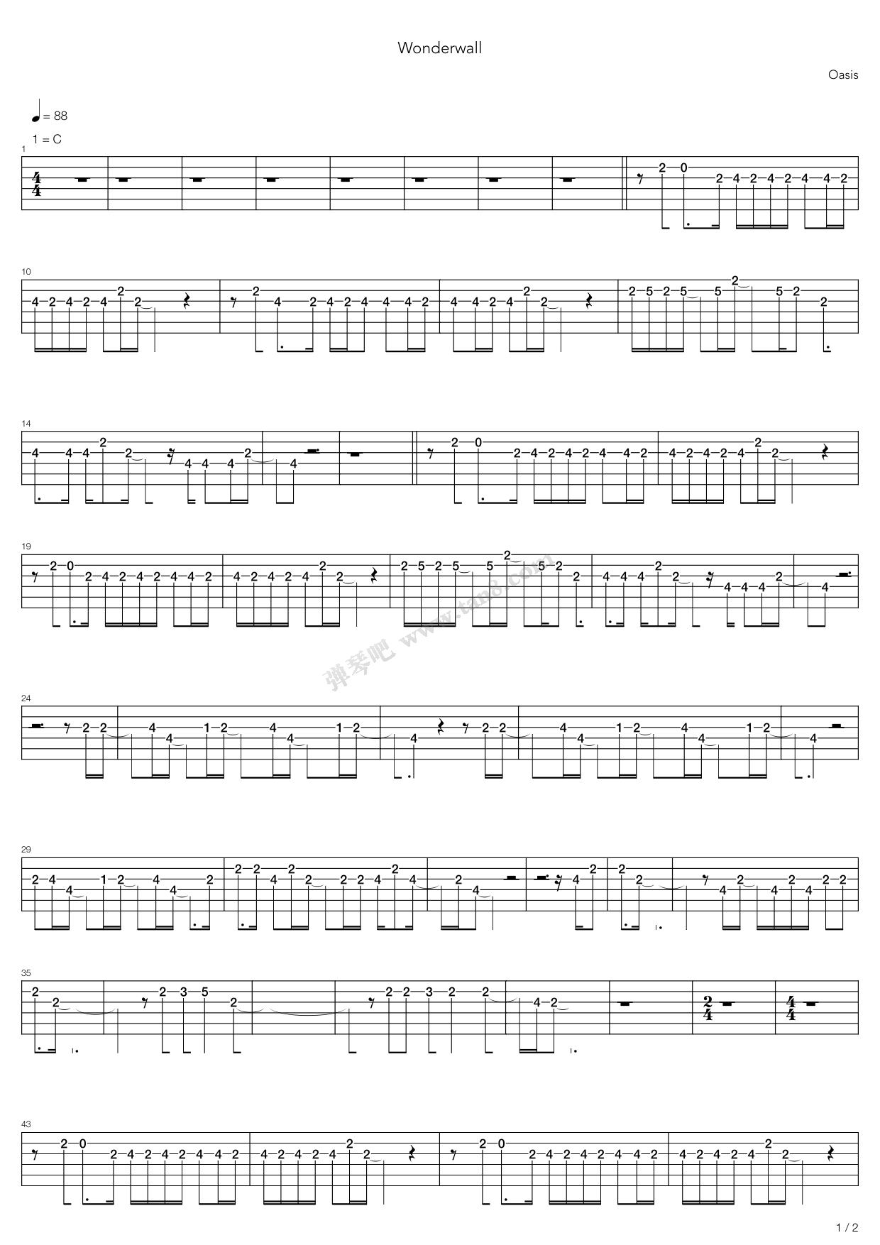 《wonderwall》,oasis(六线谱 吉他谱吉他谱 第1页