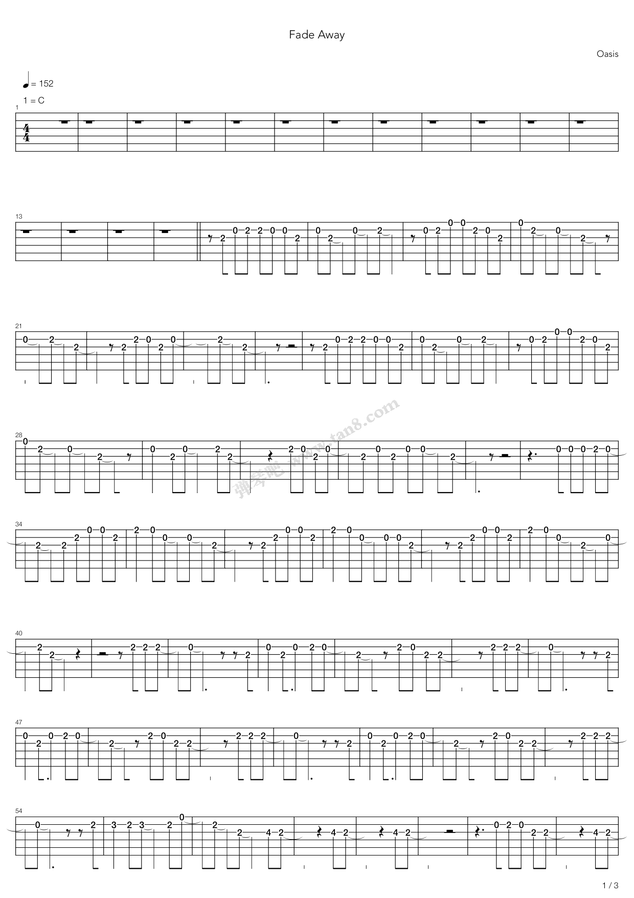《fade away》,oasis(六线谱 吉他谱吉他谱 第1页