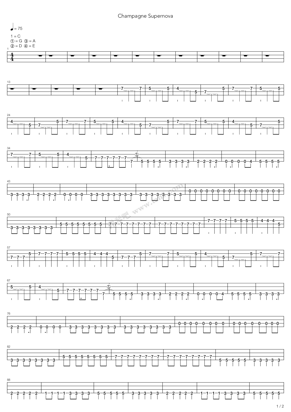 《champagne supernova》,oasis(六线谱 吉他谱吉他谱 第1页