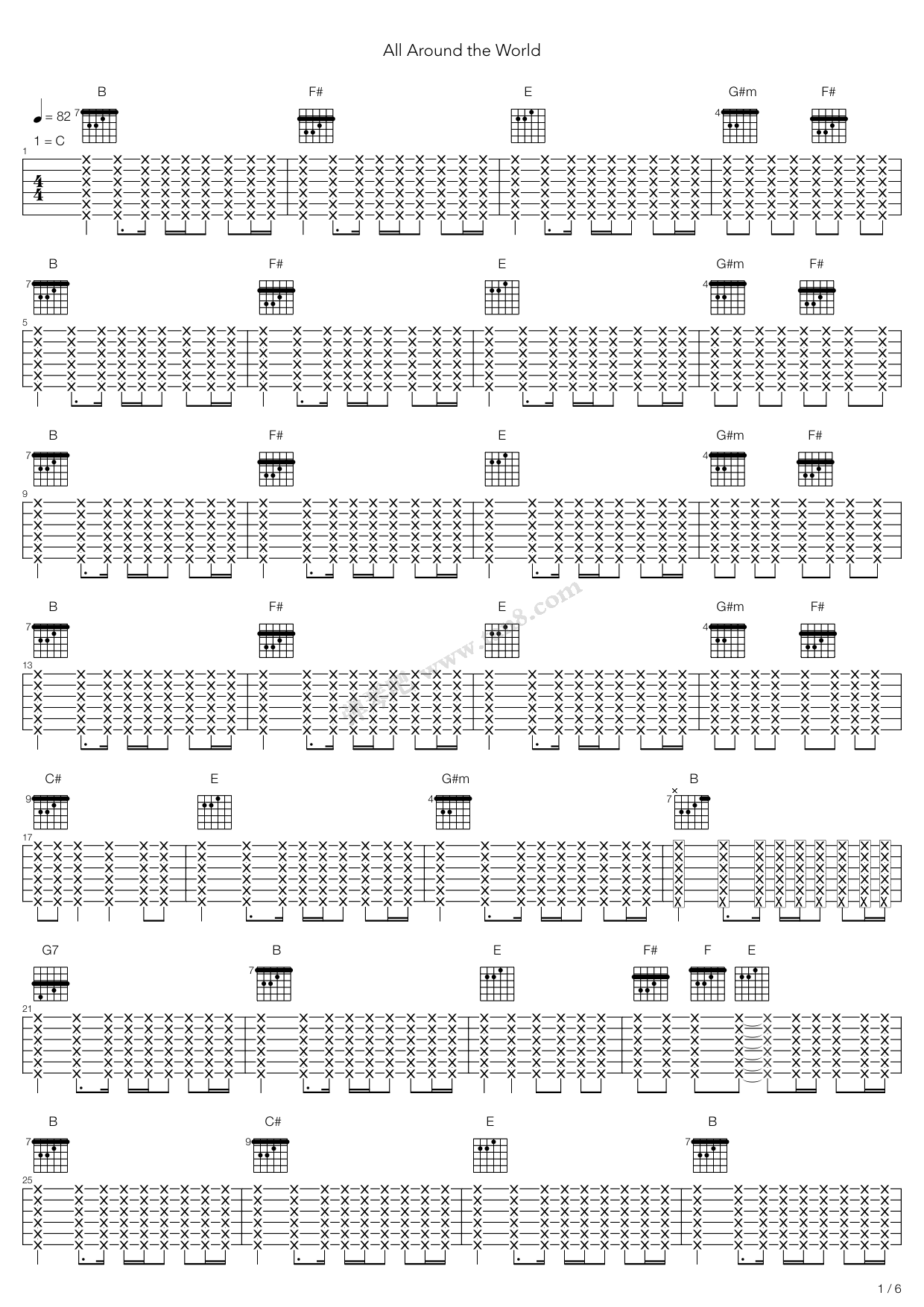 《all around the world》,oasis(六线谱 吉他谱吉他谱 第1页