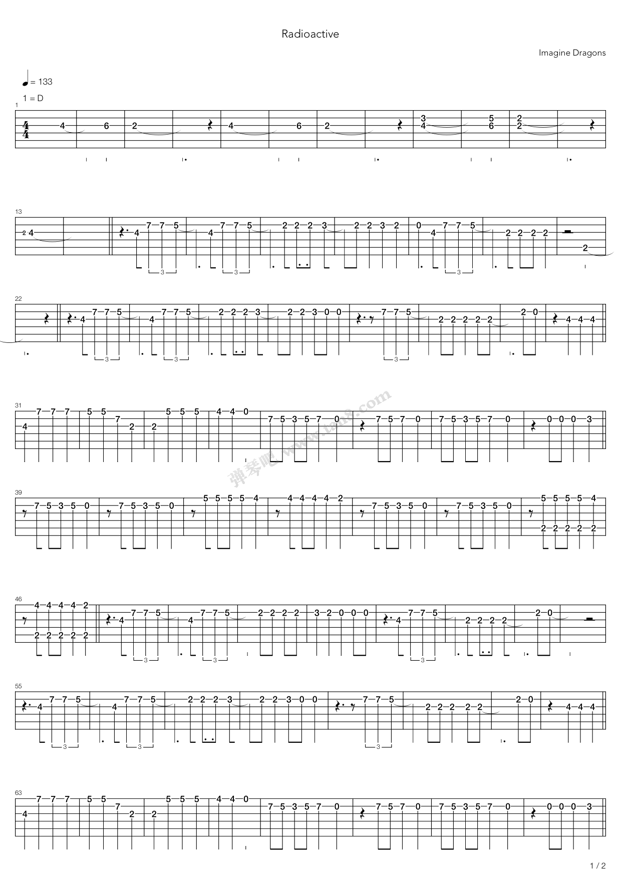 《radioactive》,imagine dragons(六线谱 吉他谱吉他谱 第1页