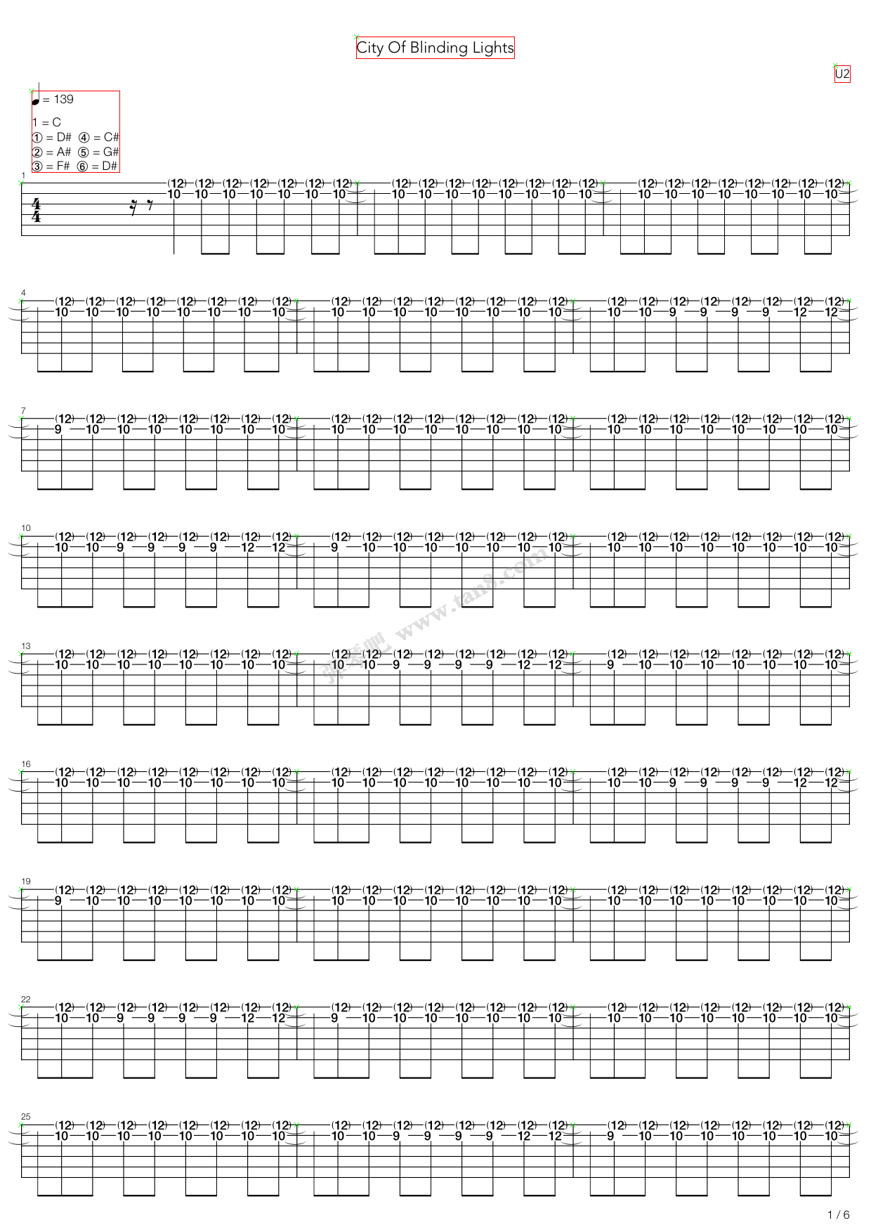 《city of blinding lights》,u2(六线谱 吉他谱吉他谱 第6页