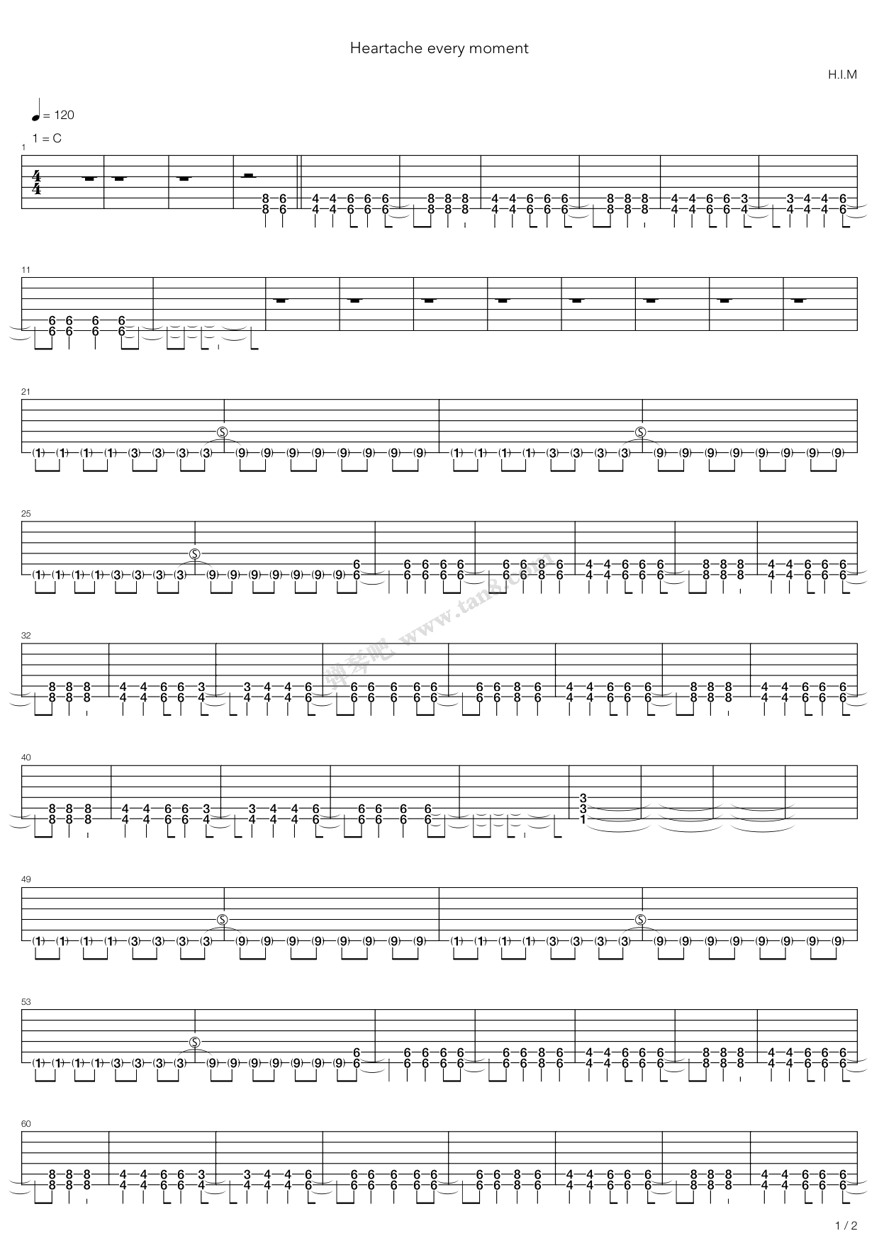 《heartache every moment》,h.i.m(六线谱 吉他谱吉他谱 第1页