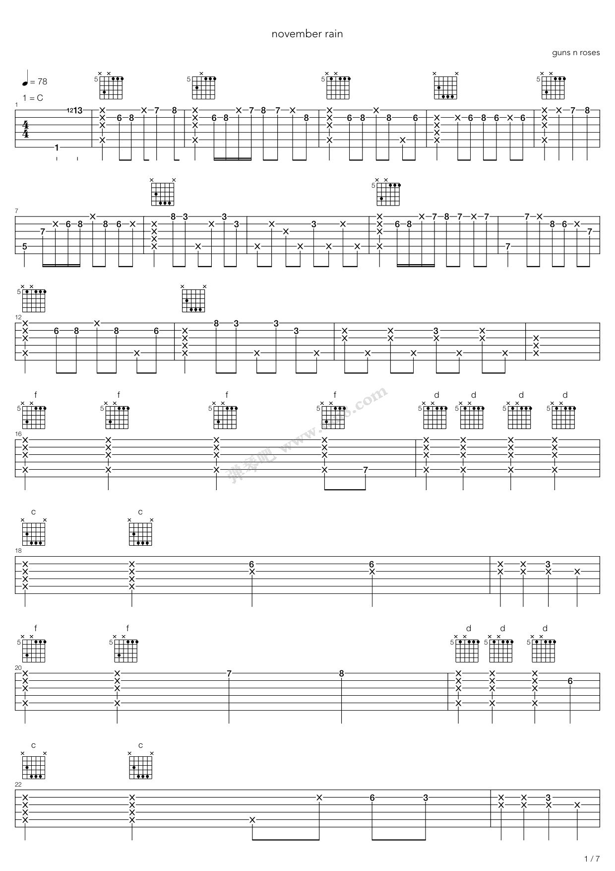 《november rain》,guns n roses(六线谱 吉他谱吉他谱 第1页