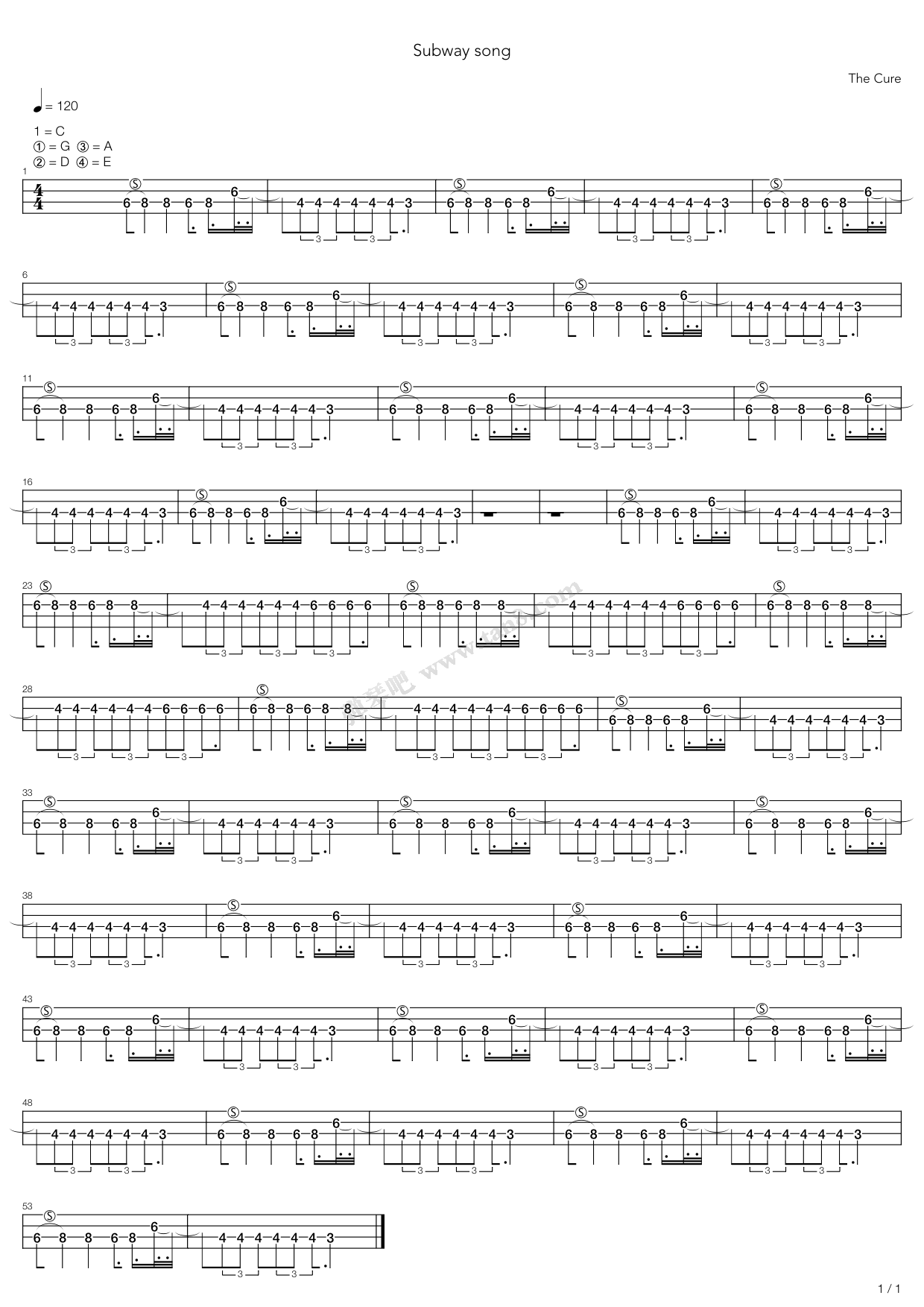 《subway song》,the cure(六线谱 吉他谱吉他谱 第1页