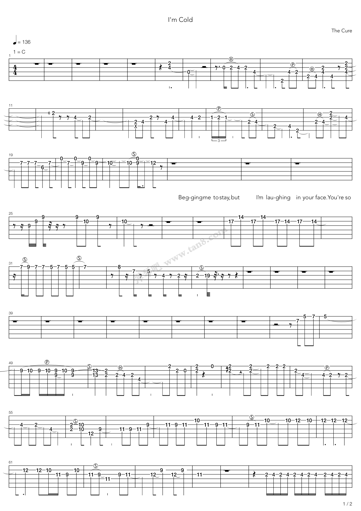 《im cold》,the cure(六线谱 吉他谱吉他谱 第1页
