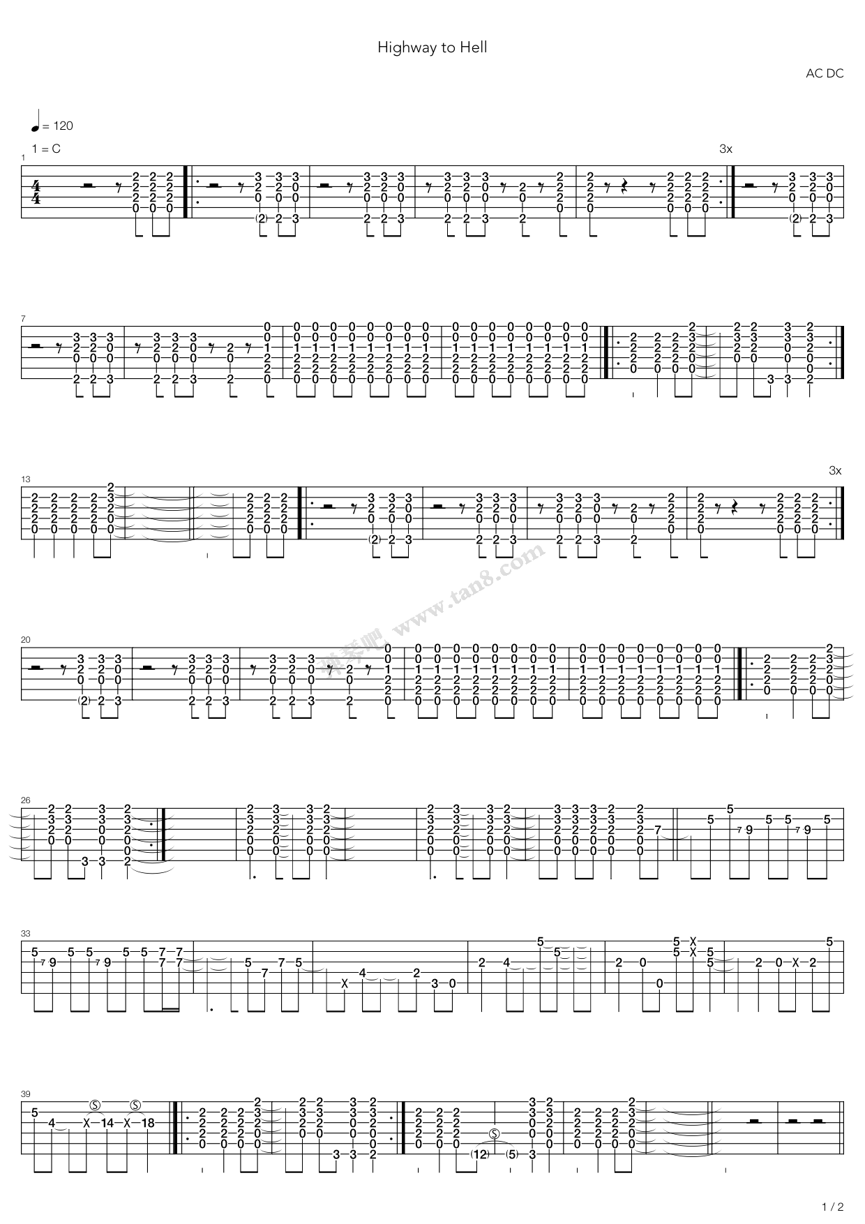 《highway to hell live》,ac/dc(六线谱 吉他谱吉他谱 第1页