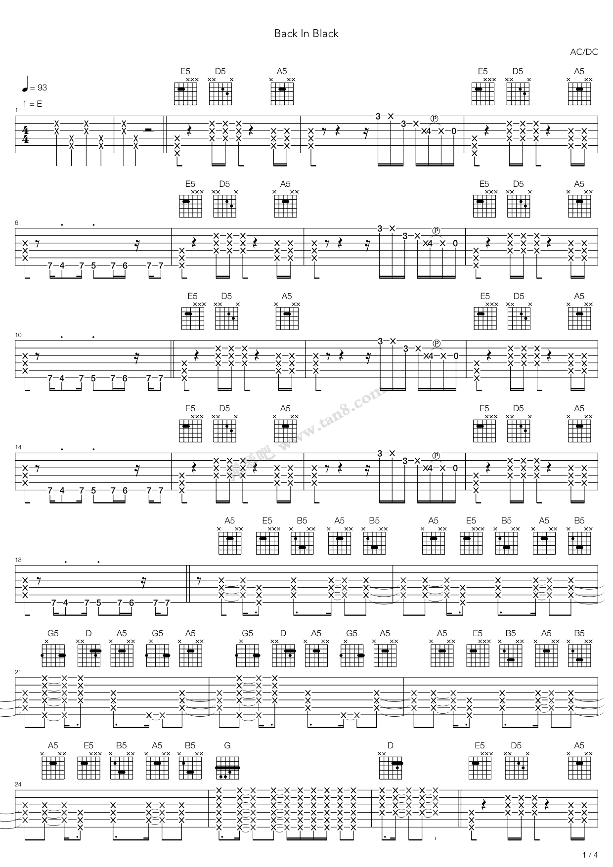 《back in black》,ac/dc(六线谱 吉他谱吉他谱 第1页