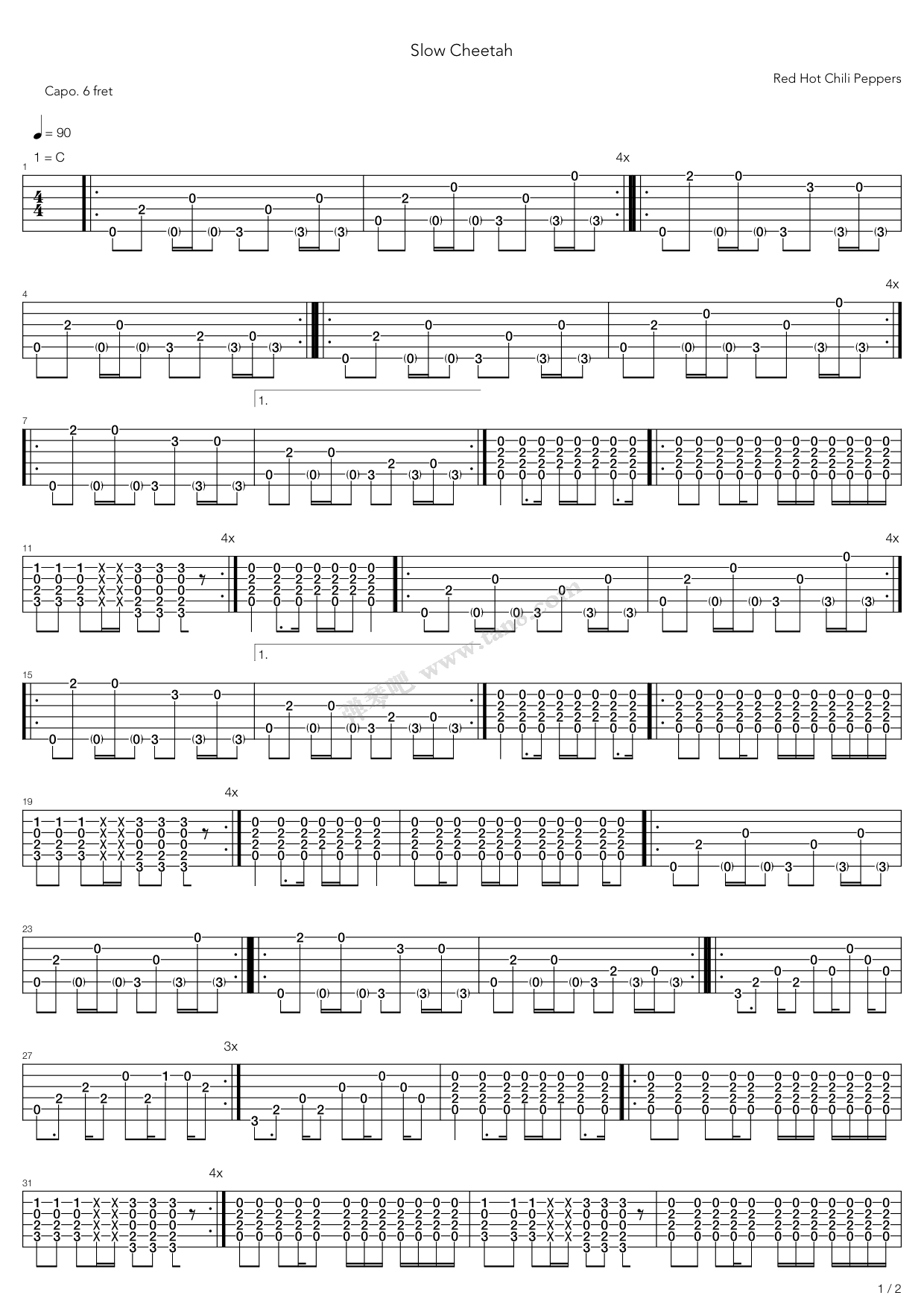 《slow cheetah》,red hot chili peppers(六线谱 吉他谱吉他谱 第1页