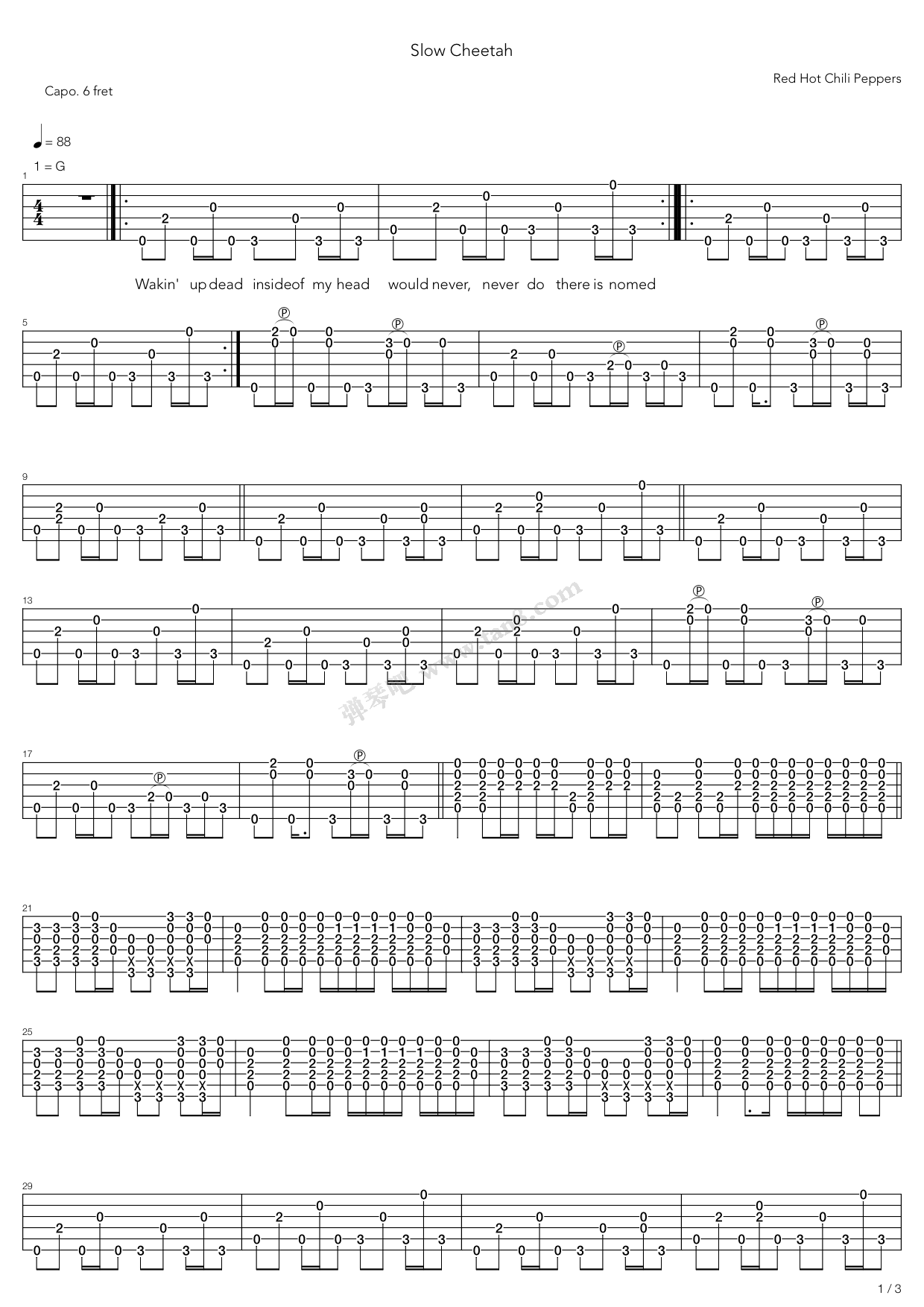 《slow cheetah》,red hot chili peppers(六线谱 吉他谱吉他谱 第1页