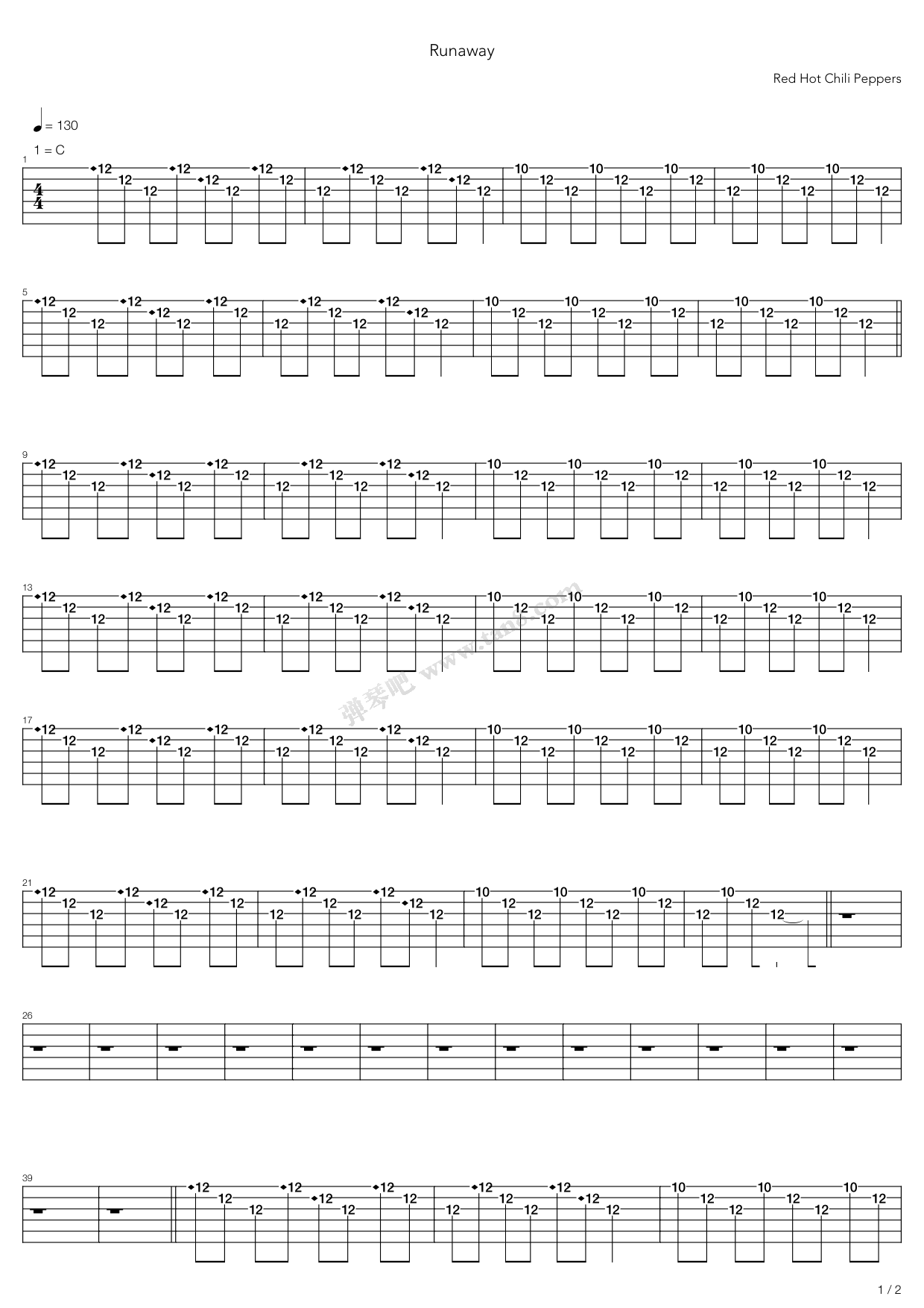 《runaway》,red hot chili peppers(六线谱 吉他谱吉他谱 第1页