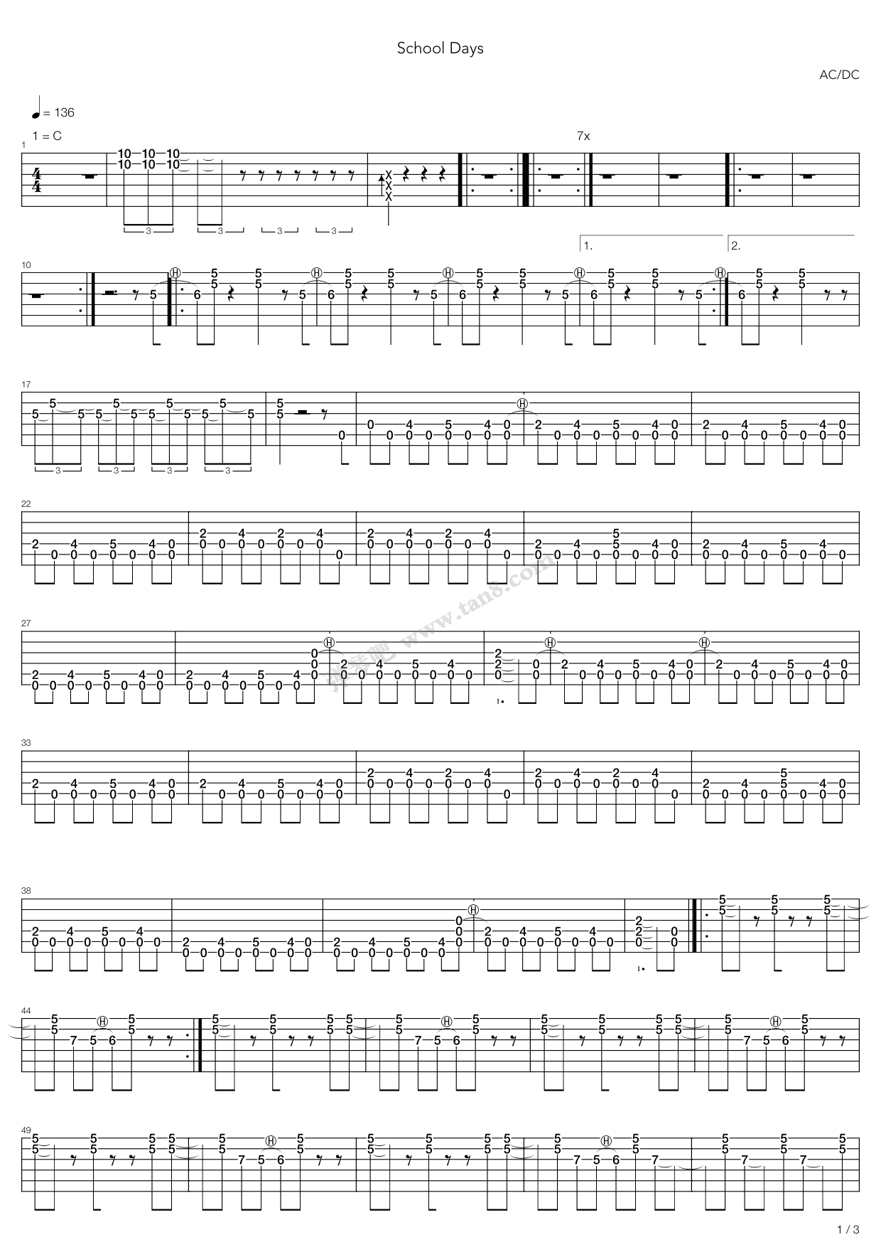 《school days》,ac/dc(六线谱 吉他谱吉他谱 第1页