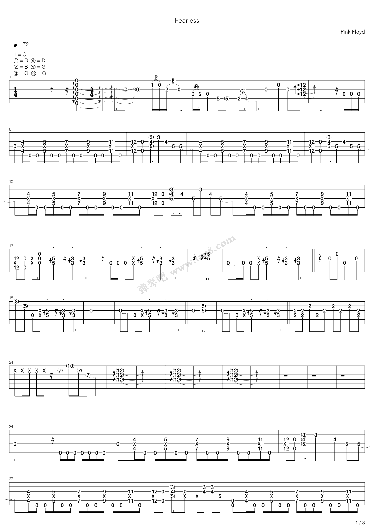 《fearless》,pink floyd(六线谱 吉他谱吉他谱 第1页