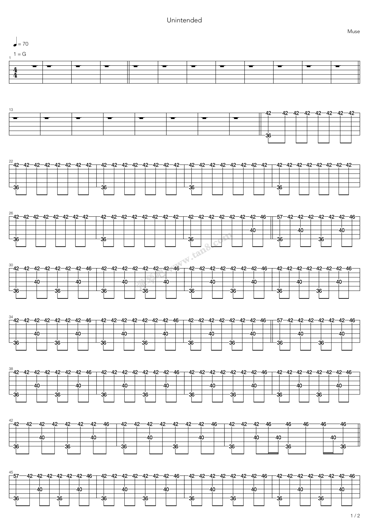 《Unintended》,Muse（六线谱 调六线吉他谱虫虫吉他谱免费下载