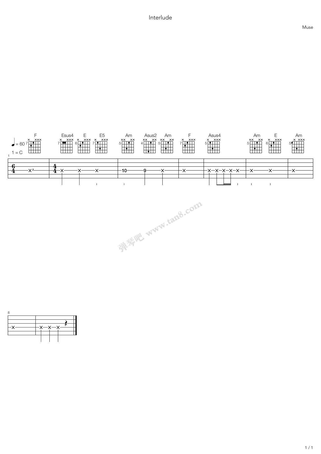 《interlude》,muse(六线谱 吉他谱吉他谱 第1页