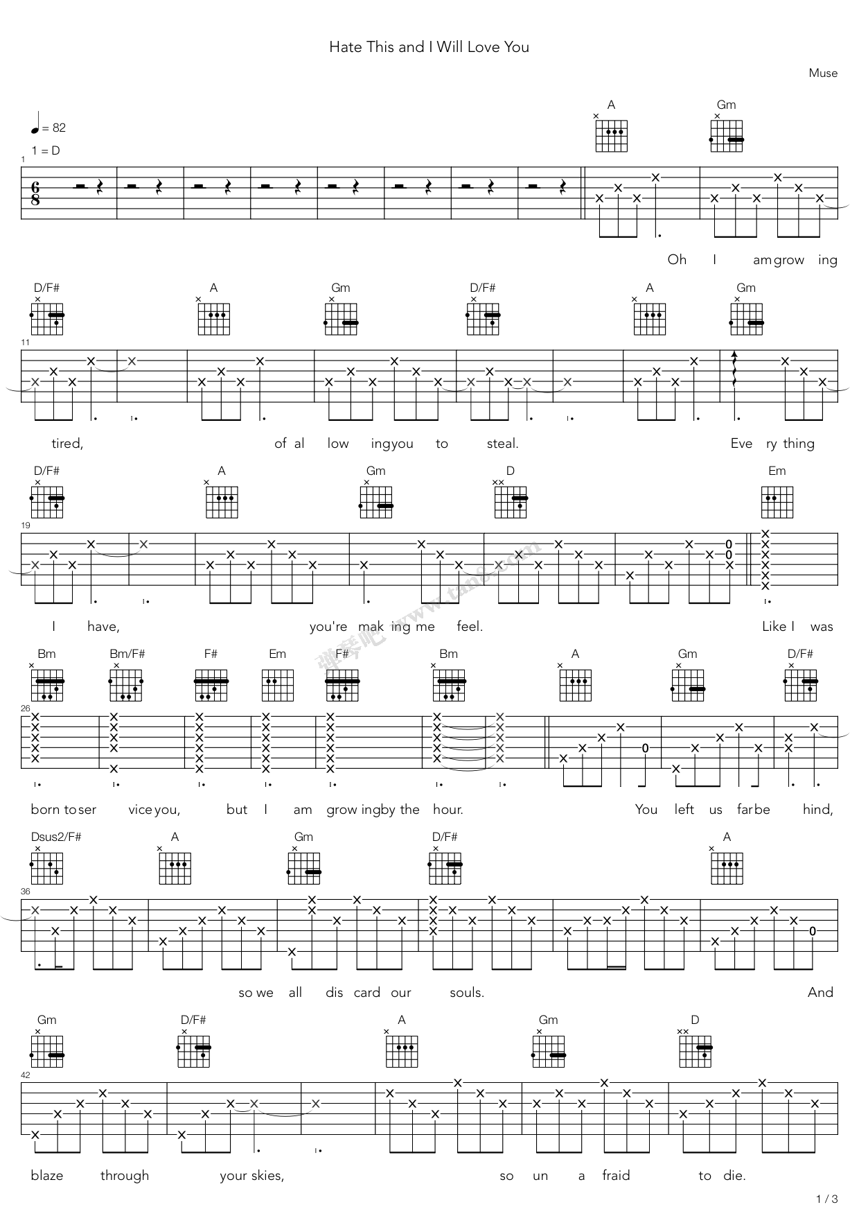 吉他谱 >> 儿歌 >> muse >>hate this and ill love you