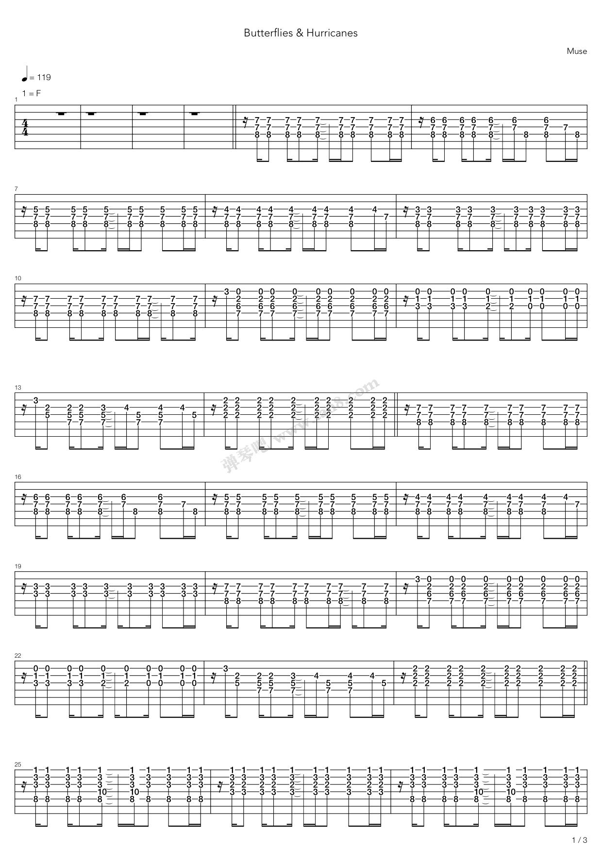 《butterflies hurricanes》,muse(六线谱 吉他谱吉他谱 第1页