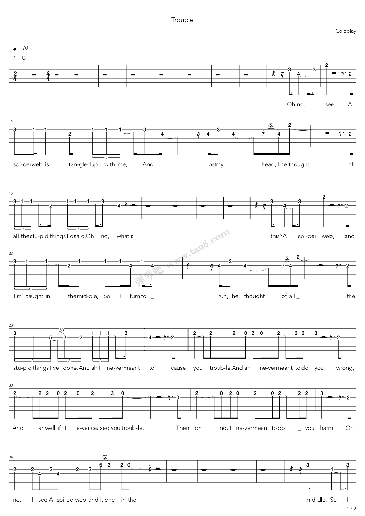 《trouble》,coldplay(六线谱 吉他谱吉他谱 第1页