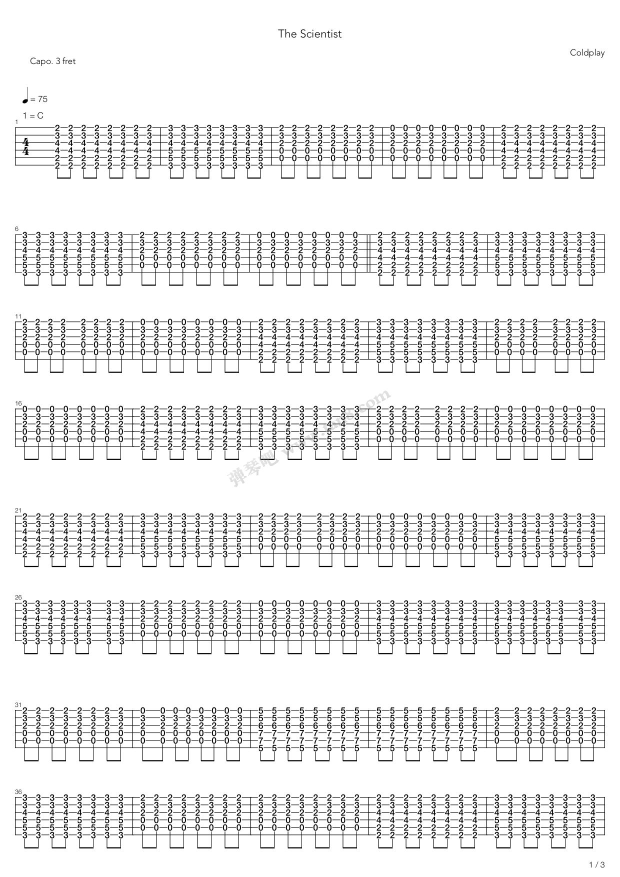 《the scientist》,coldplay(六线谱 吉他谱吉他谱 第1页