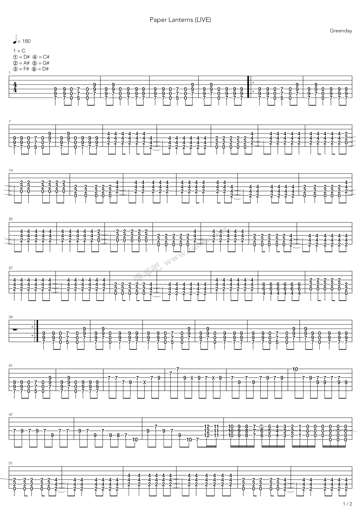 《Paper Lanterns》,Green Day（六线谱 调六线吉他谱虫虫吉他谱免费下载