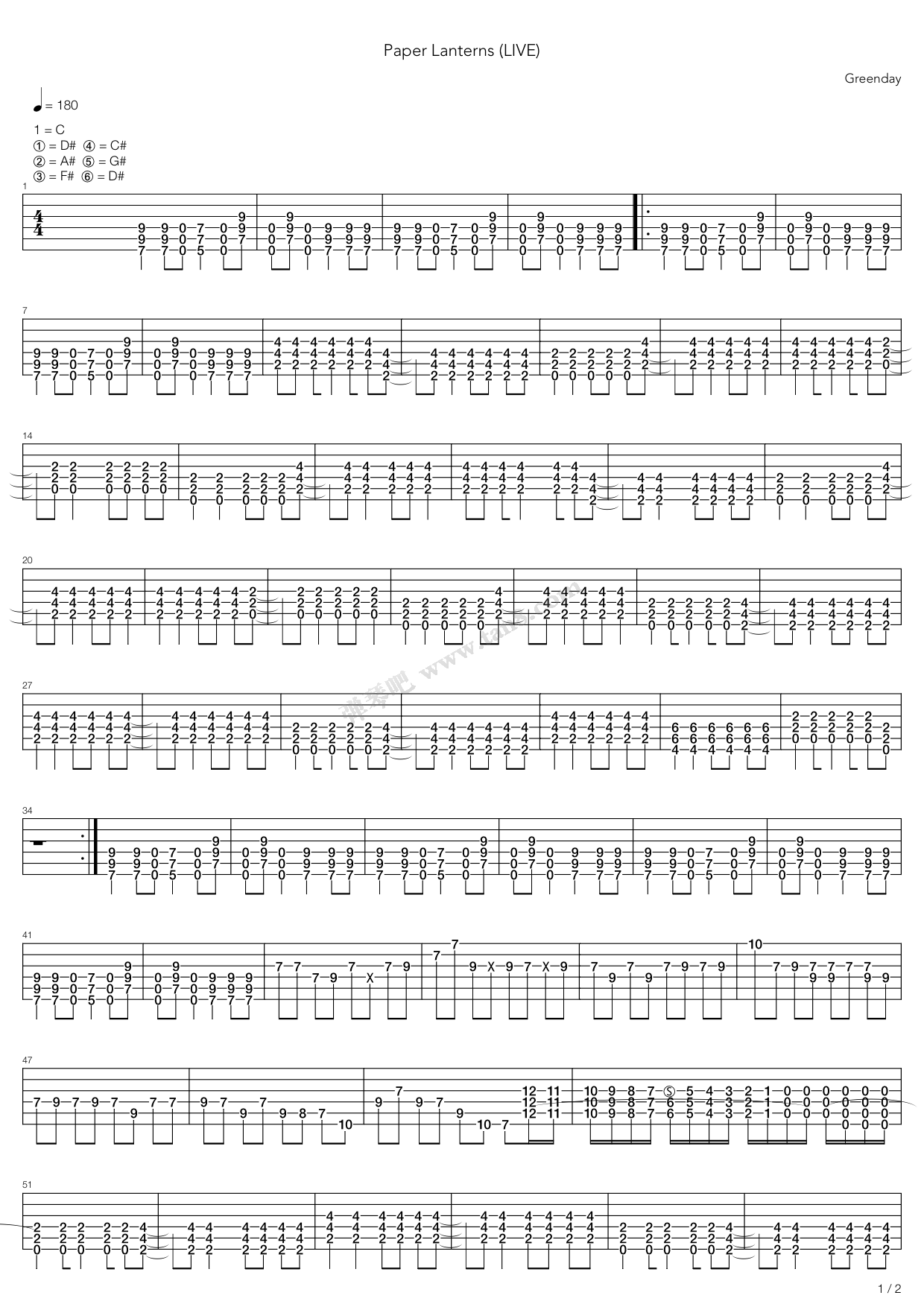 《Paper Lanterns》,Green Day（六线谱 调六线吉他谱虫虫吉他谱免费下载